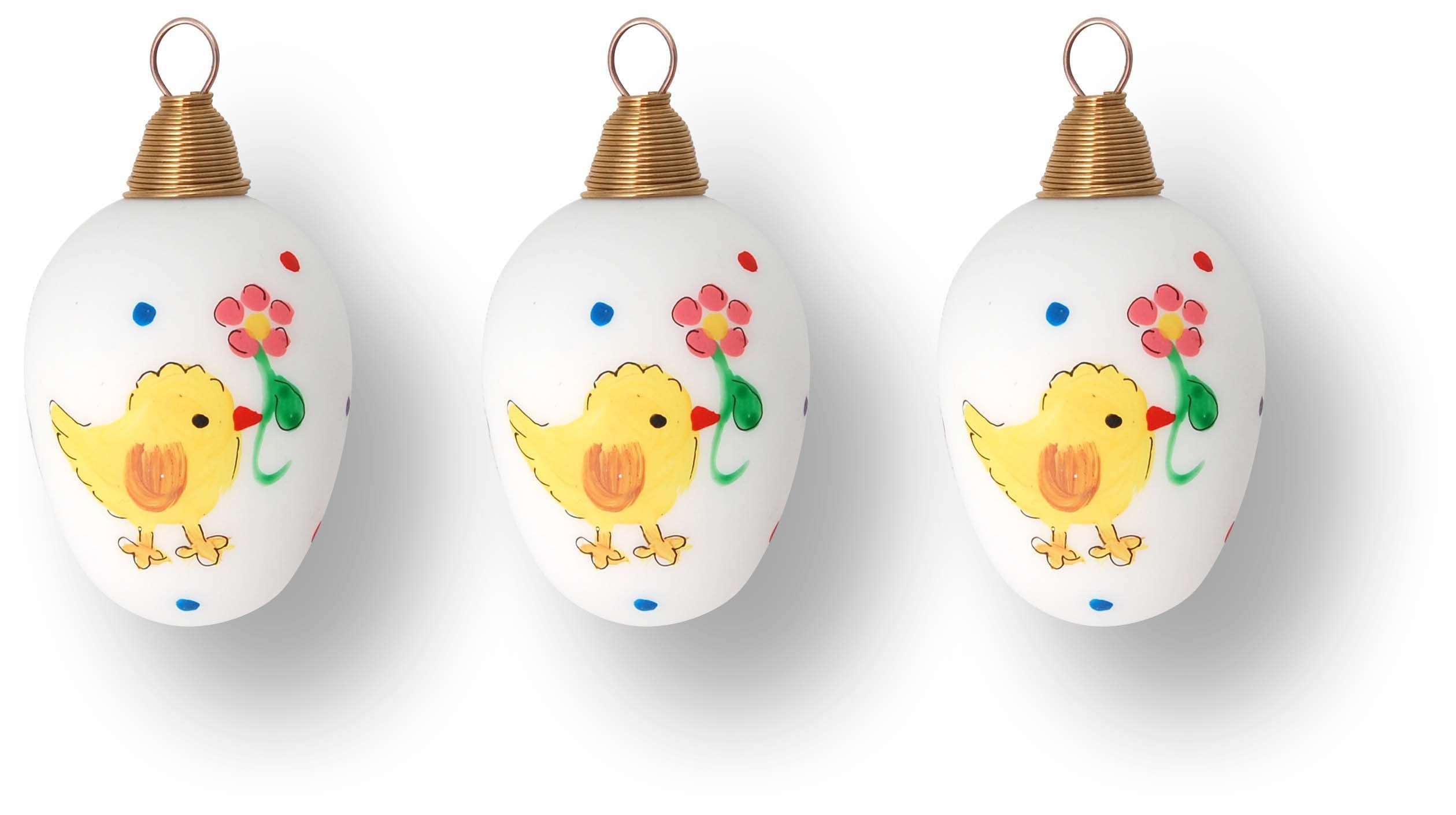 Krebs Glas Lauscha Osterei Küken mit Blume, Osterdekoration, Frühling (Set, 12 St., 12x Ø 3,5 cm, Höhe 7 cm), Mundgeblasenes und handbemaltes Glas, Made in Germany