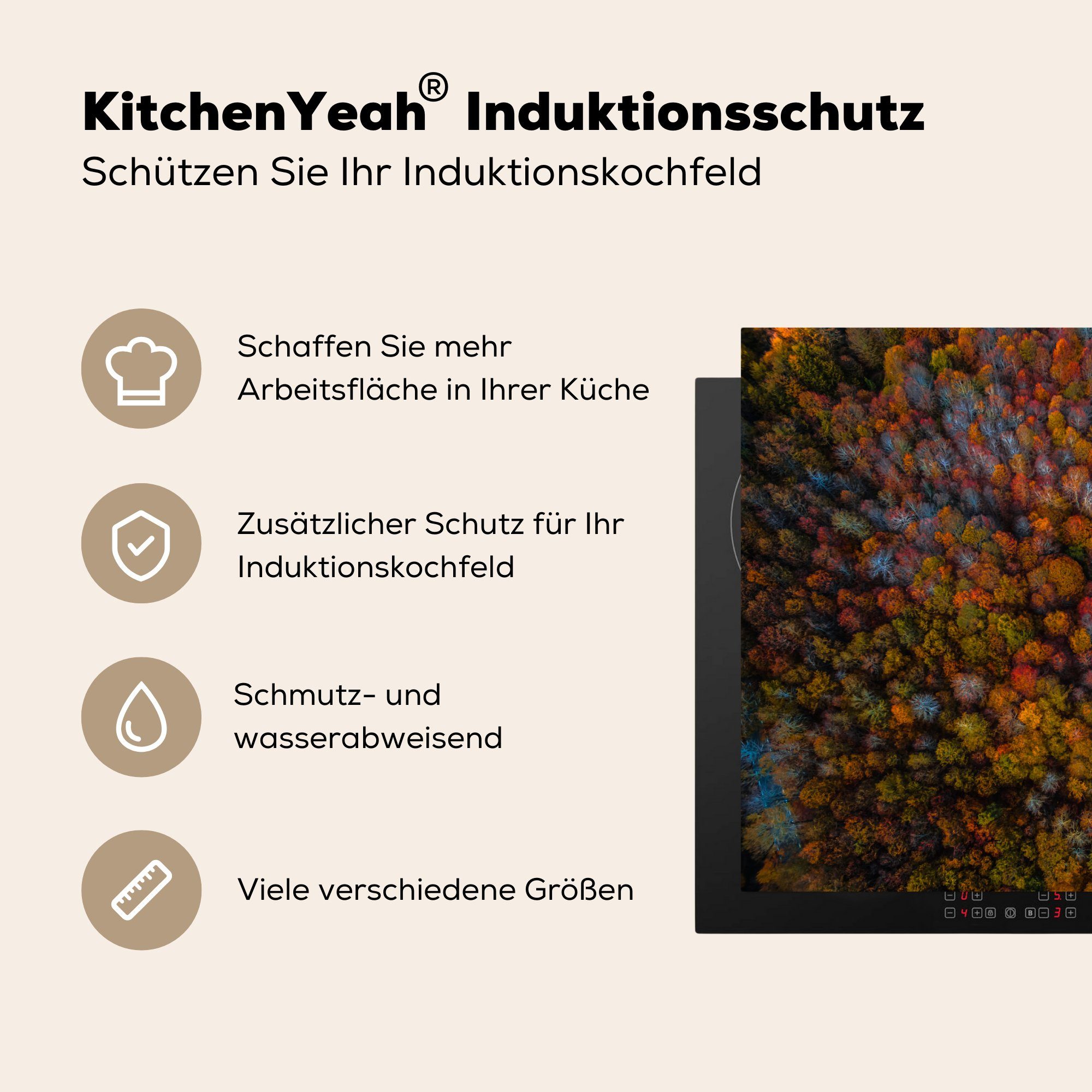 MuchoWow Herdblende-/Abdeckplatte Eine Luftaufnahme von Mobile Baumkronen, (1 cm, tlg), Arbeitsfläche dunkelbraun Ceranfeldabdeckung 70x52 Vinyl, nutzbar, gefärbten