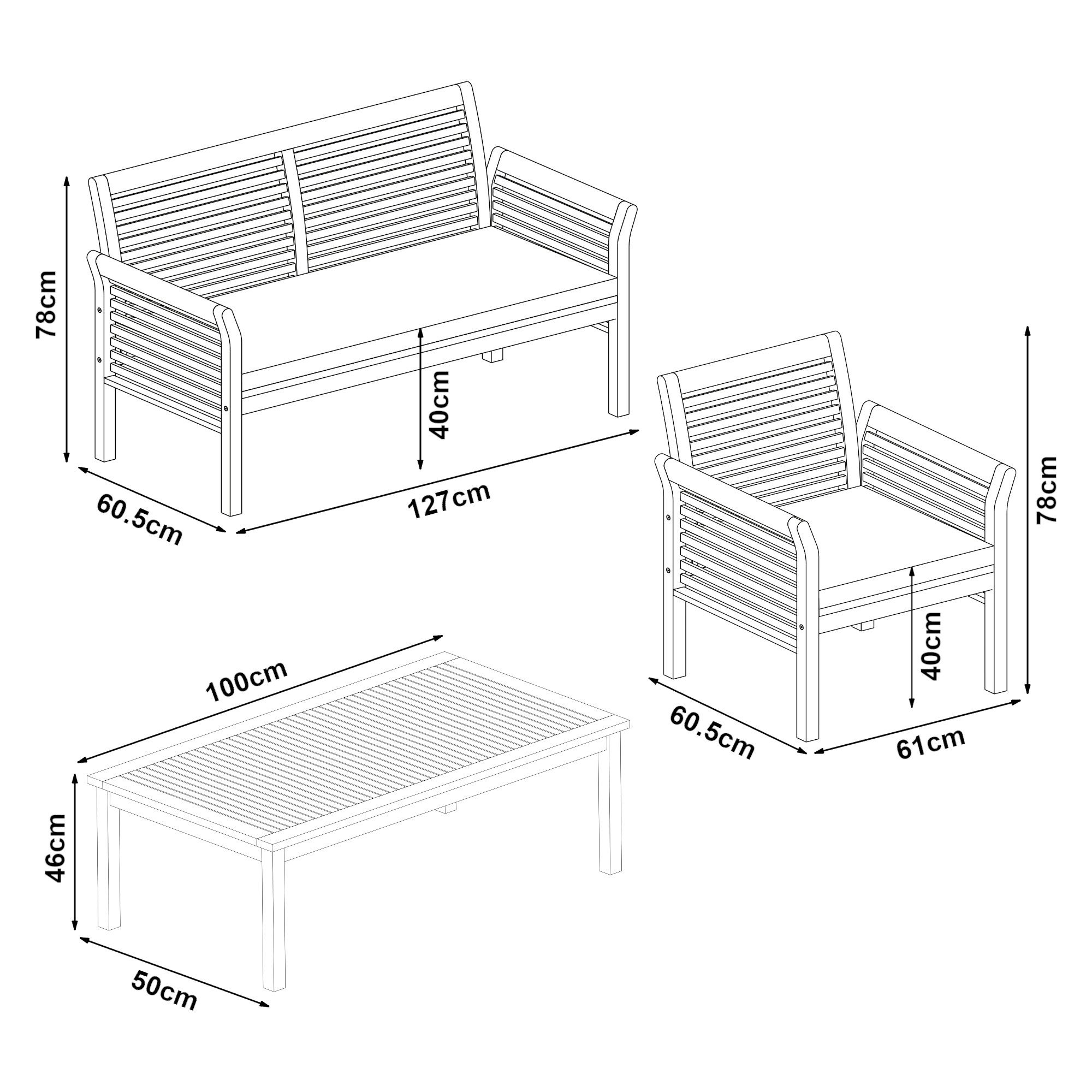 casa.pro Gartenlounge-Set, (4-tlg., 1 Tisch, 2 Stühle, 1 Sitzbank inkl. Kissen), »Candela« Akazie Holzfarben