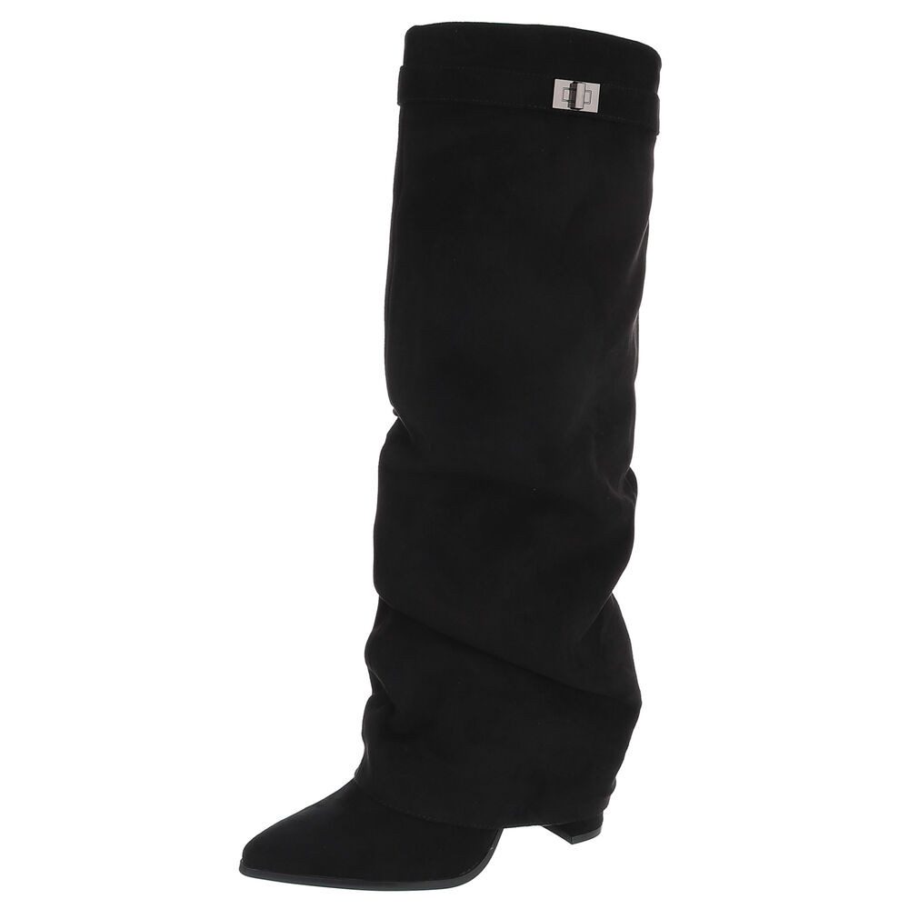 Ital-Design Damen Kniehoher Stiefel mit Absatz und Zierdetail High-Heel-Stiefel (92497639) Blockabsatz Stiefel in Schwarz