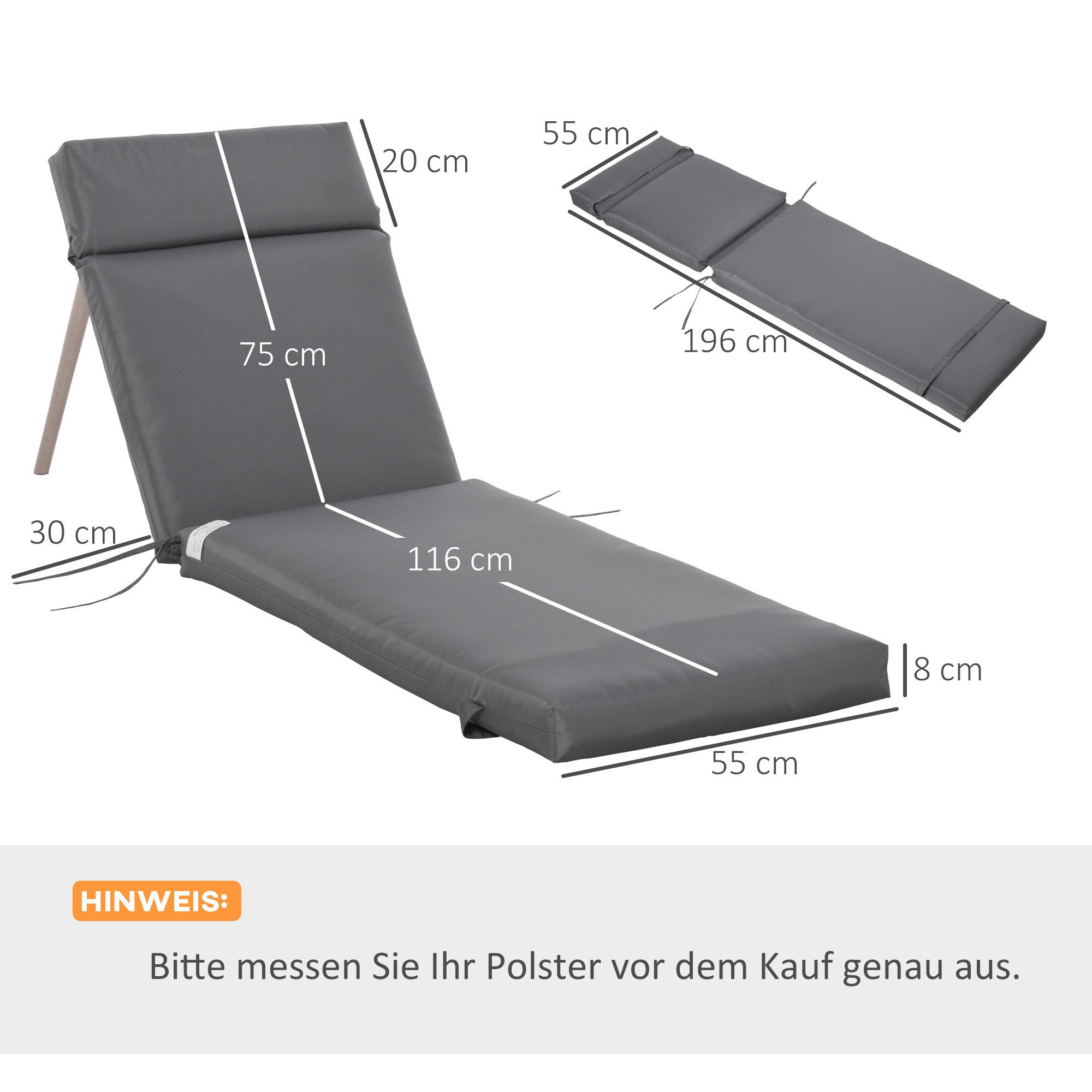 Outsunny Liegenauflage 2er Set, Flammhemmend mit Bänder, 8cm dick, (Liegenauflage, 2 St., Auflage für Sonnenliege), Auflagen für Deckchair 196x55x8 cm Dunkelgrau
