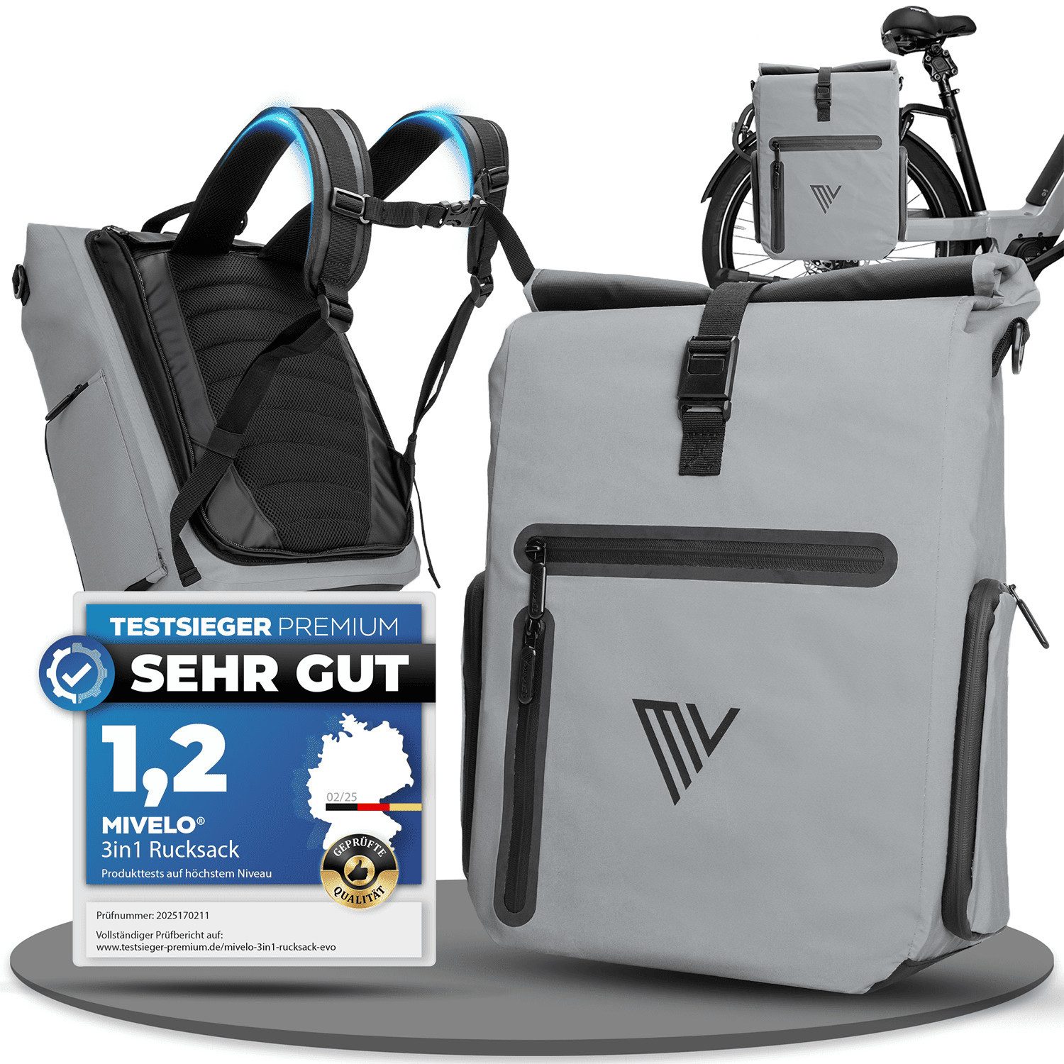 MIVELO Fahrradtasche 3in1 Gepäckträgertasche mit Rucksackfunktion Schultergurt wasserdicht, geräumiges Hauptfach, Außentaschen, Laptopfach