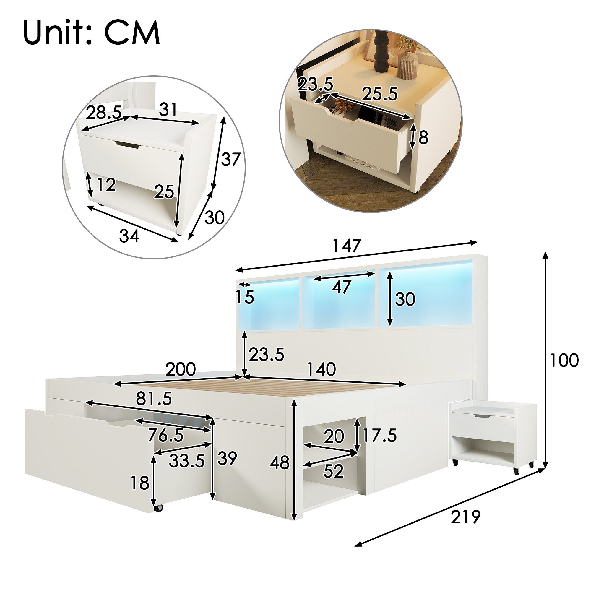 Celya Bett Funktionsbett Doppelbett 140x200 cm mit LED Beleuchtung und Stauraum (ohne Matratze, mit USB Type-C Ladefunktion, Schublade, Regalen), mit 2 beweglichen Nachttischen