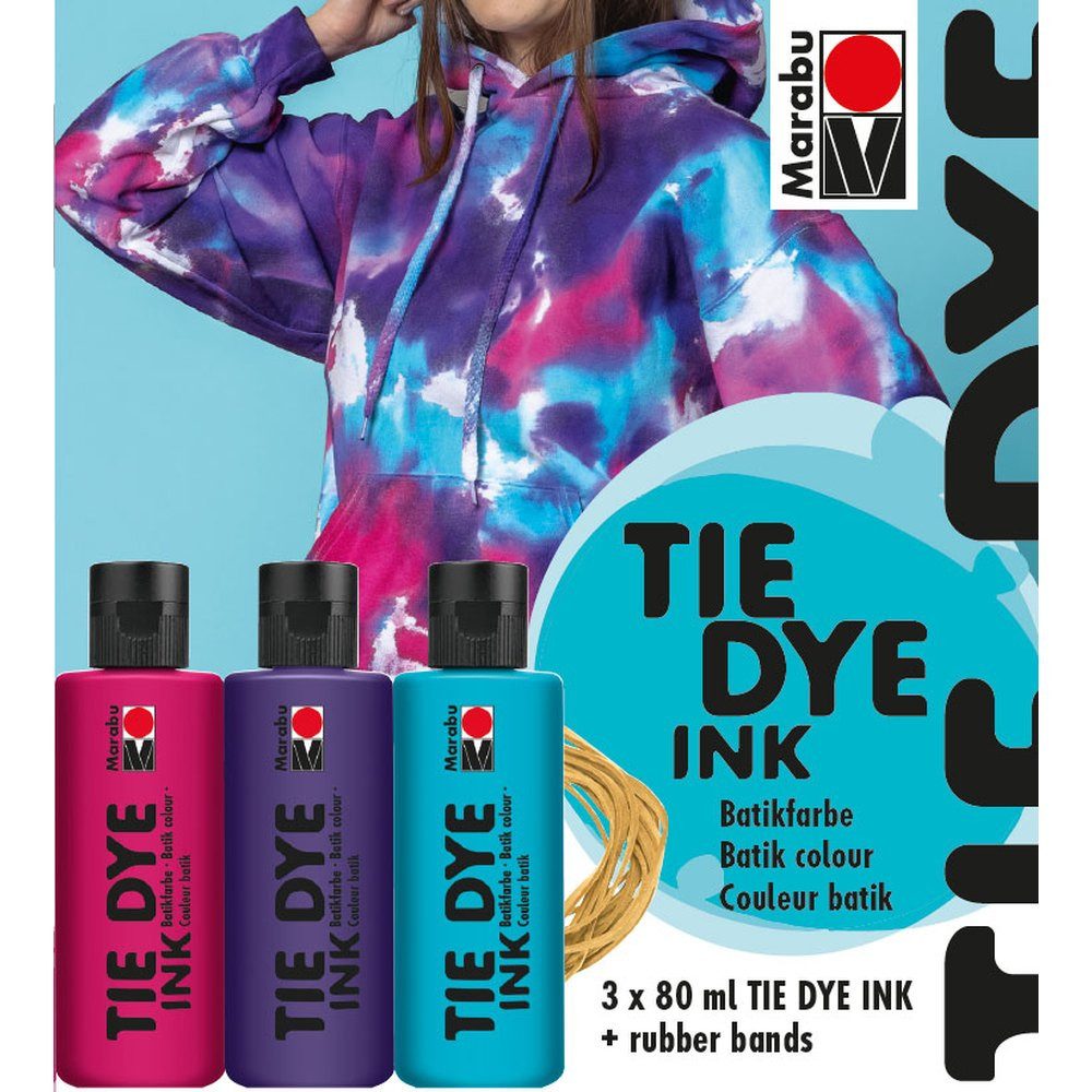 Marabu Gummibänder Marabu Batik Set TIE DYE Ink Trend himbeer/pflaume/türkis 3x80ml inklu