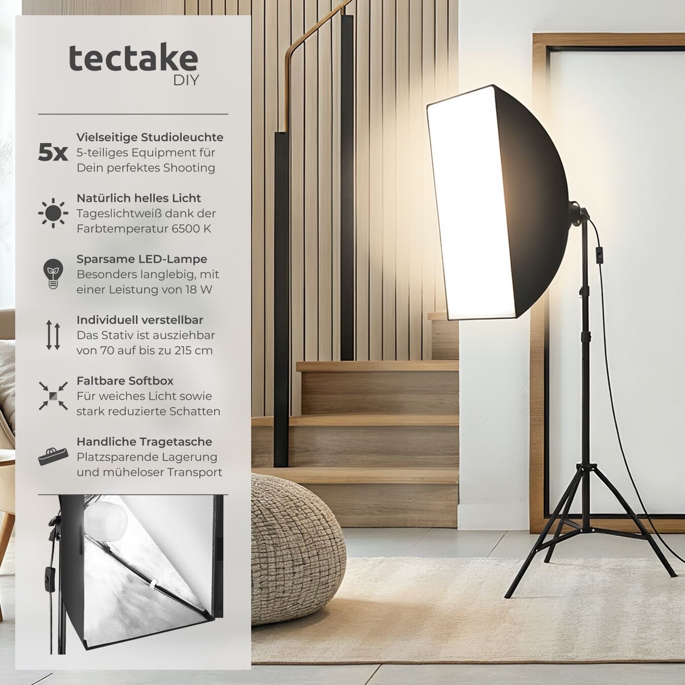 tectake Studioleuchte Studio-Stativ-Blitz, (mit Softbox und ausziehbarem Stativ)