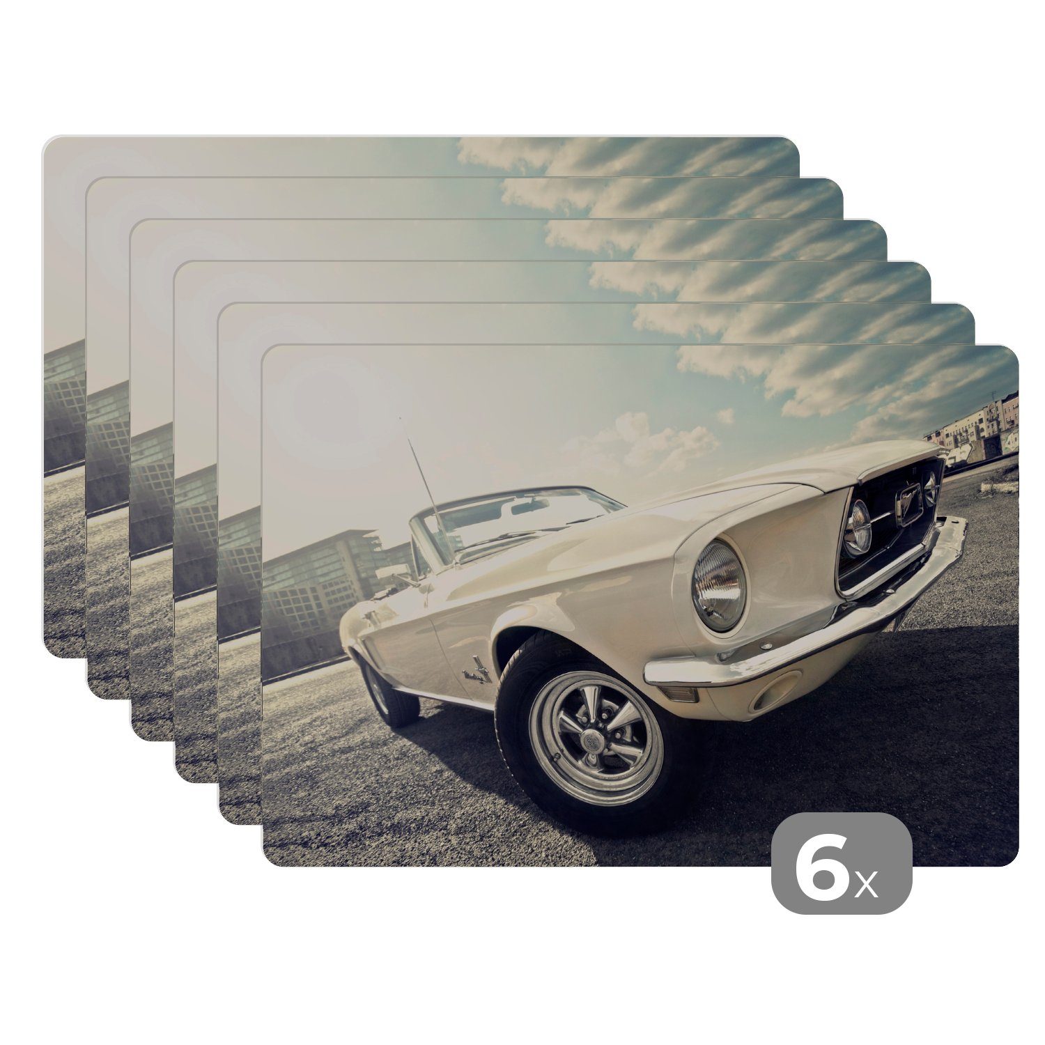 Platzset, Ein weißer Ford Mustang in einem Parkhaus, MuchoWow, (6-St), Platzset, Platzdecken, Platzmatte, Tischmatten, Schmutzabweisend