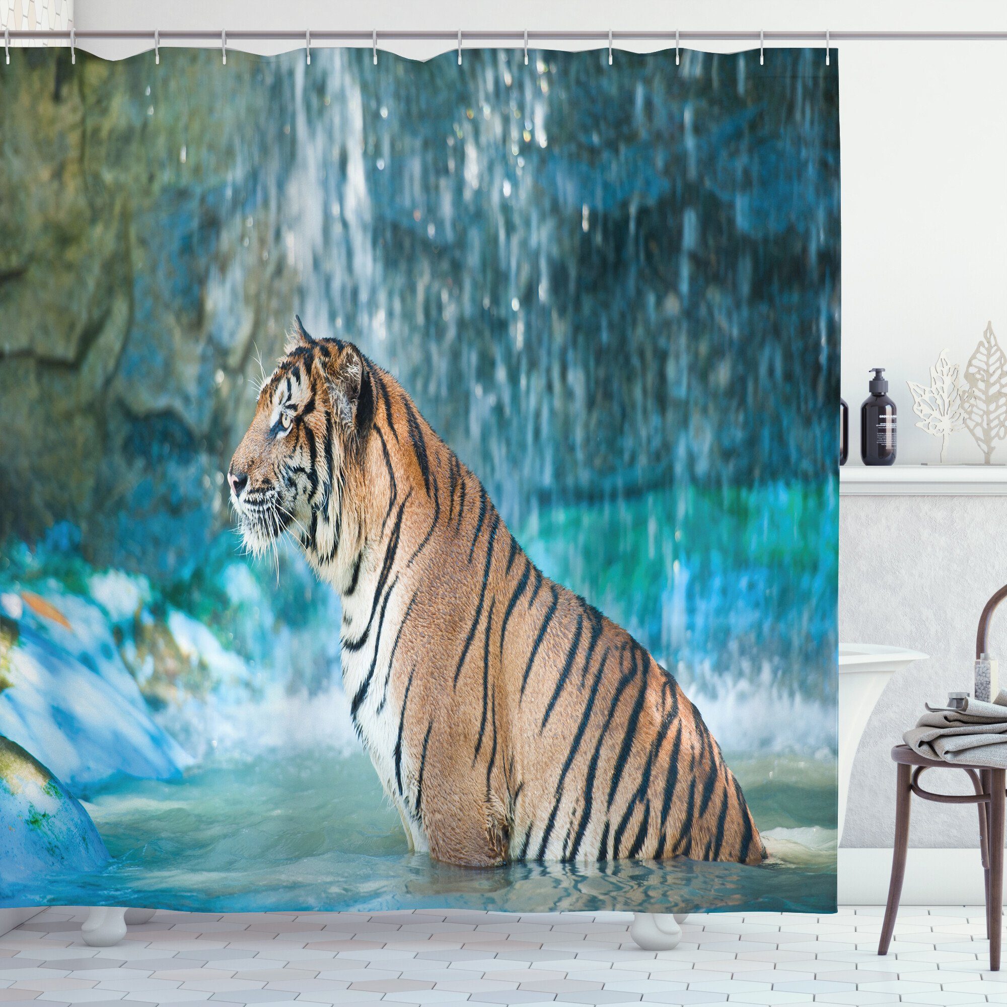 Abakuhaus Duschvorhang Moderner Digitaldruck mit 12 Haken auf Stoff Wasser  Resistent Breite 175 cm, Höhe 180 cm, Tiger Feline Tier in Teich