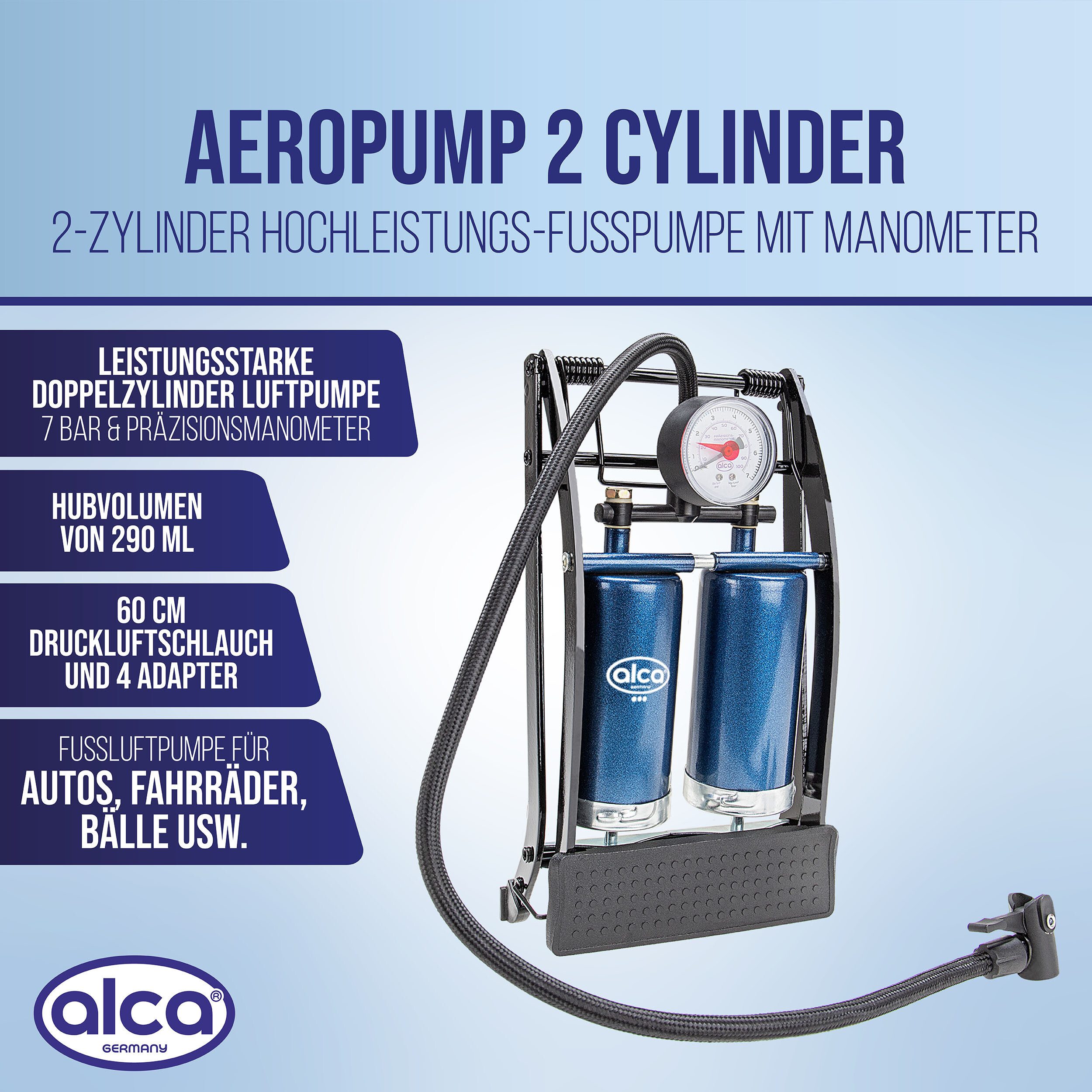 alca Luftpumpe 2-Zylinder Hochleistungs-Fußpumpe + Manometer (1-tlg)