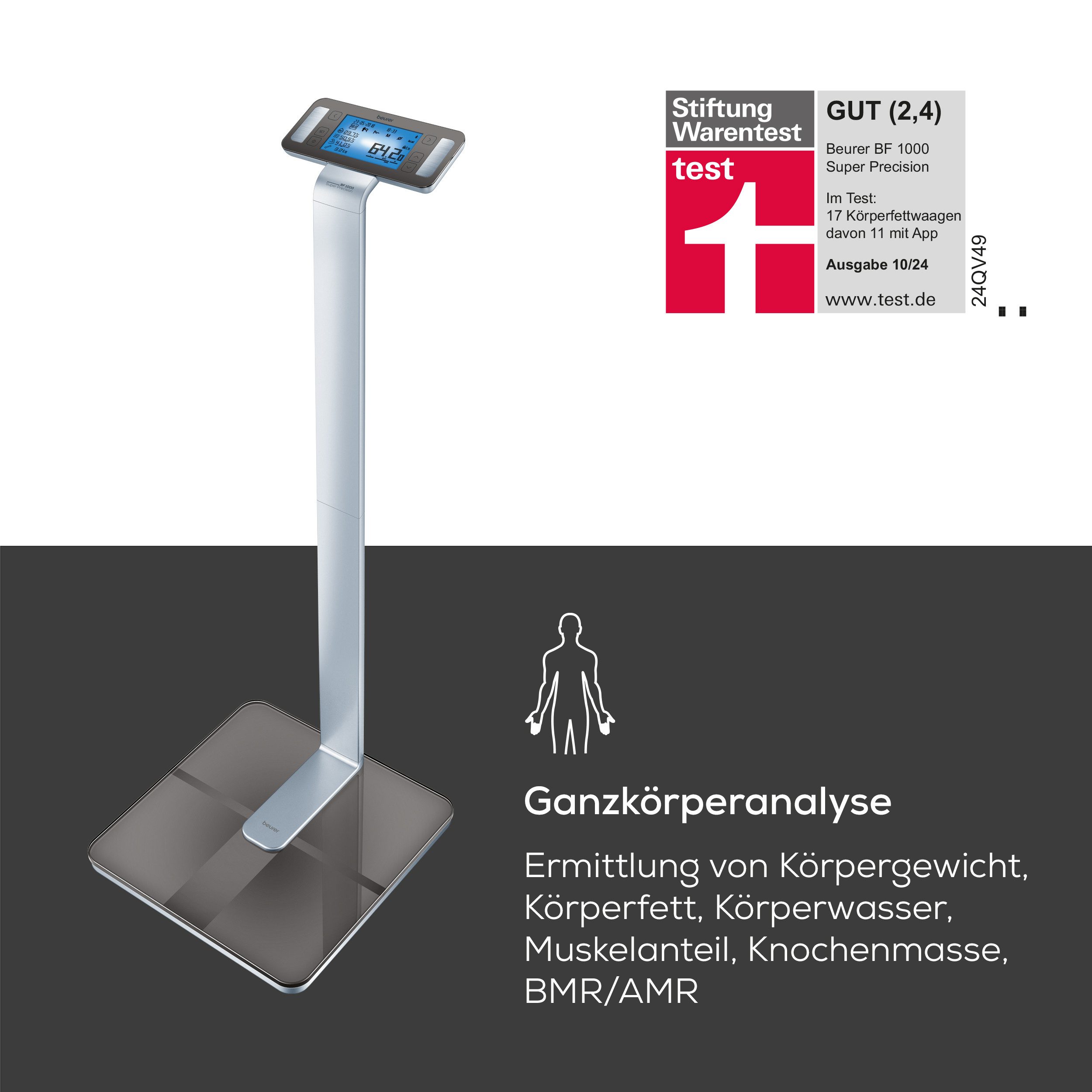 BEURER Körper-Analyse-Waage BF 1000 zur Überkreuzmessung mit 8 Elektroden zur Ganzkörperanalyse, Messung von Viszeralfett, Körperfett, Muskelanteil, Knochenmasse etc.