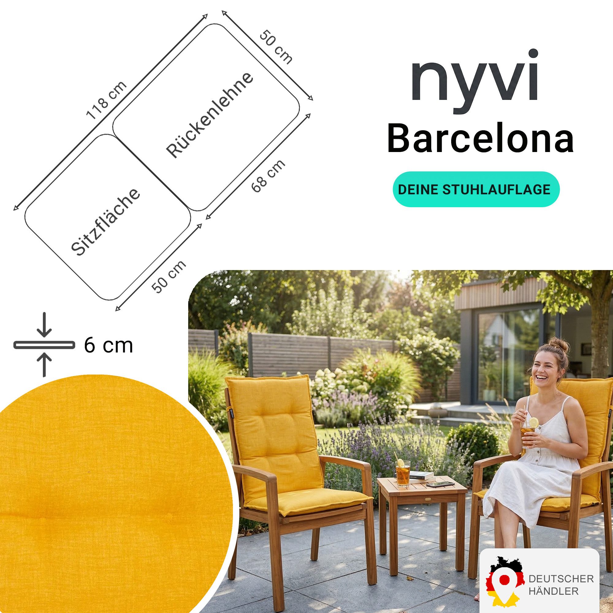 NYVI Hochlehnerauflage Hochlehner Auflagen 2er Set Barcelona - Gartenstuhlauflagen 118x50cm, (2 St), Stuhlauflage, Sitzauflage mit Halteband, UV-fest