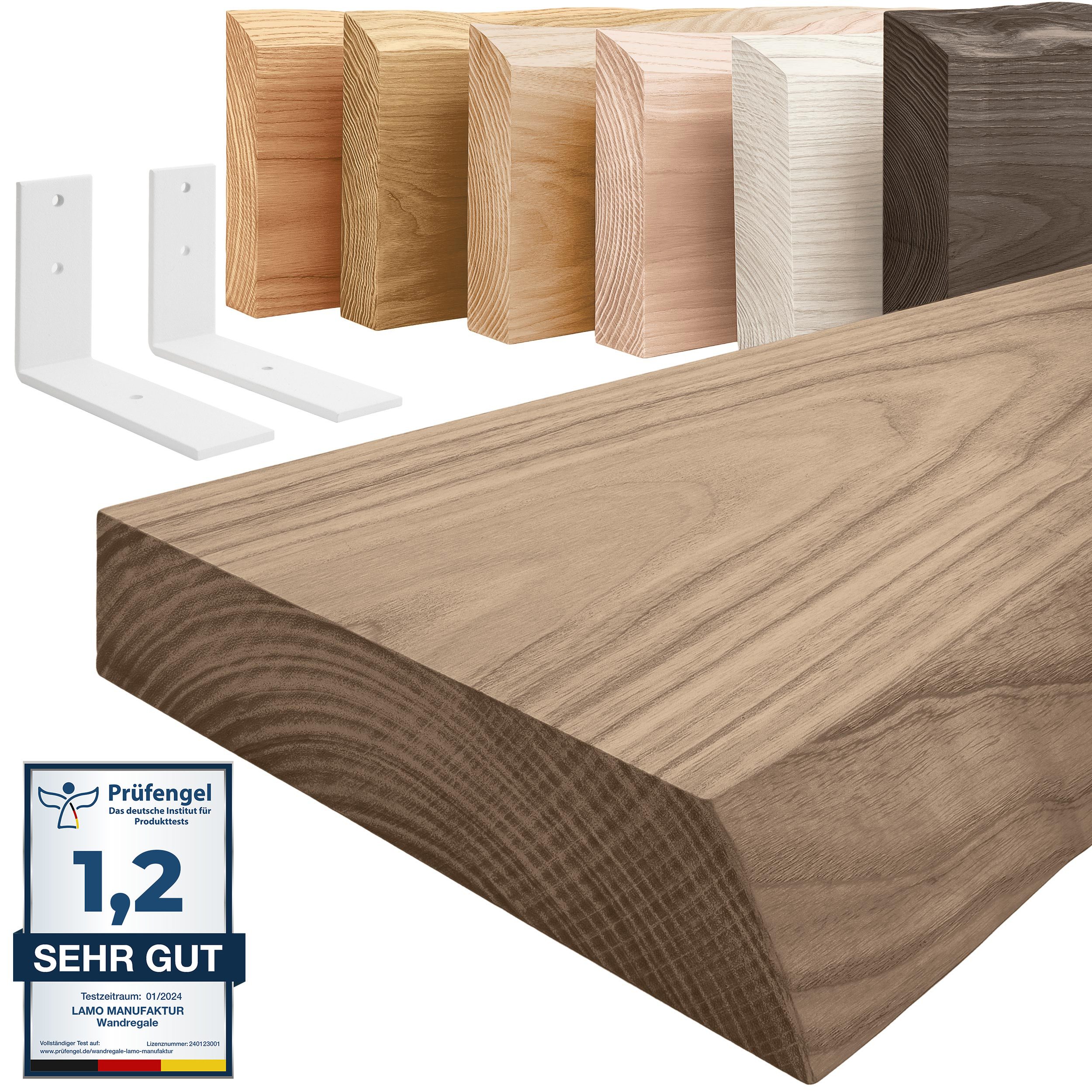 LAMO Manufaktur Wandregal Holz Baumkante Regal Farbe: Nussbaum mit weißem Basic 40 cm, Komplett-Set, 40mm stake Massivholzplatte