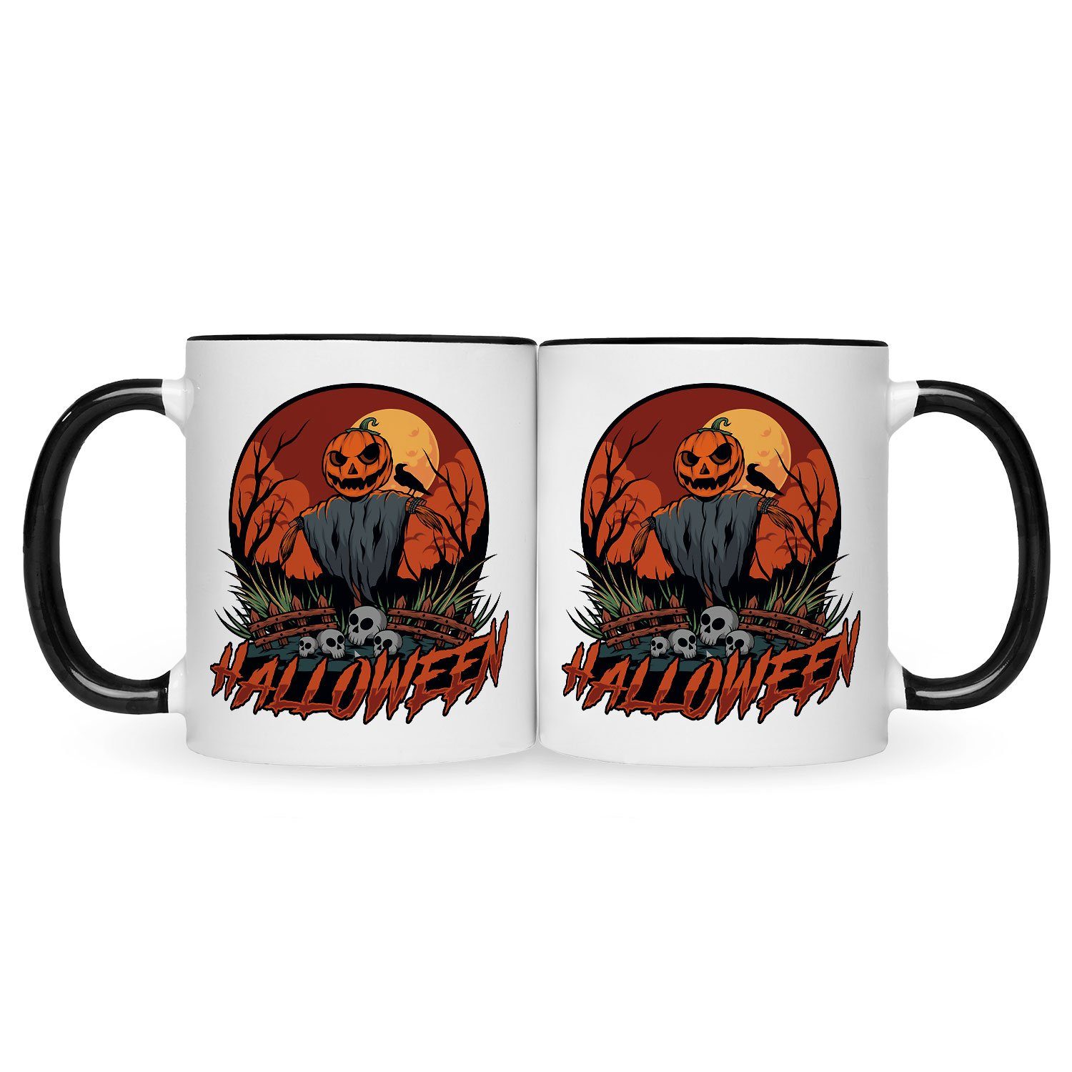 GRAVURZEILE Design - Halloween Tasse Motiv Schwarz mit zu Schaurige Weiß Vogelscheuchen - Geschenke