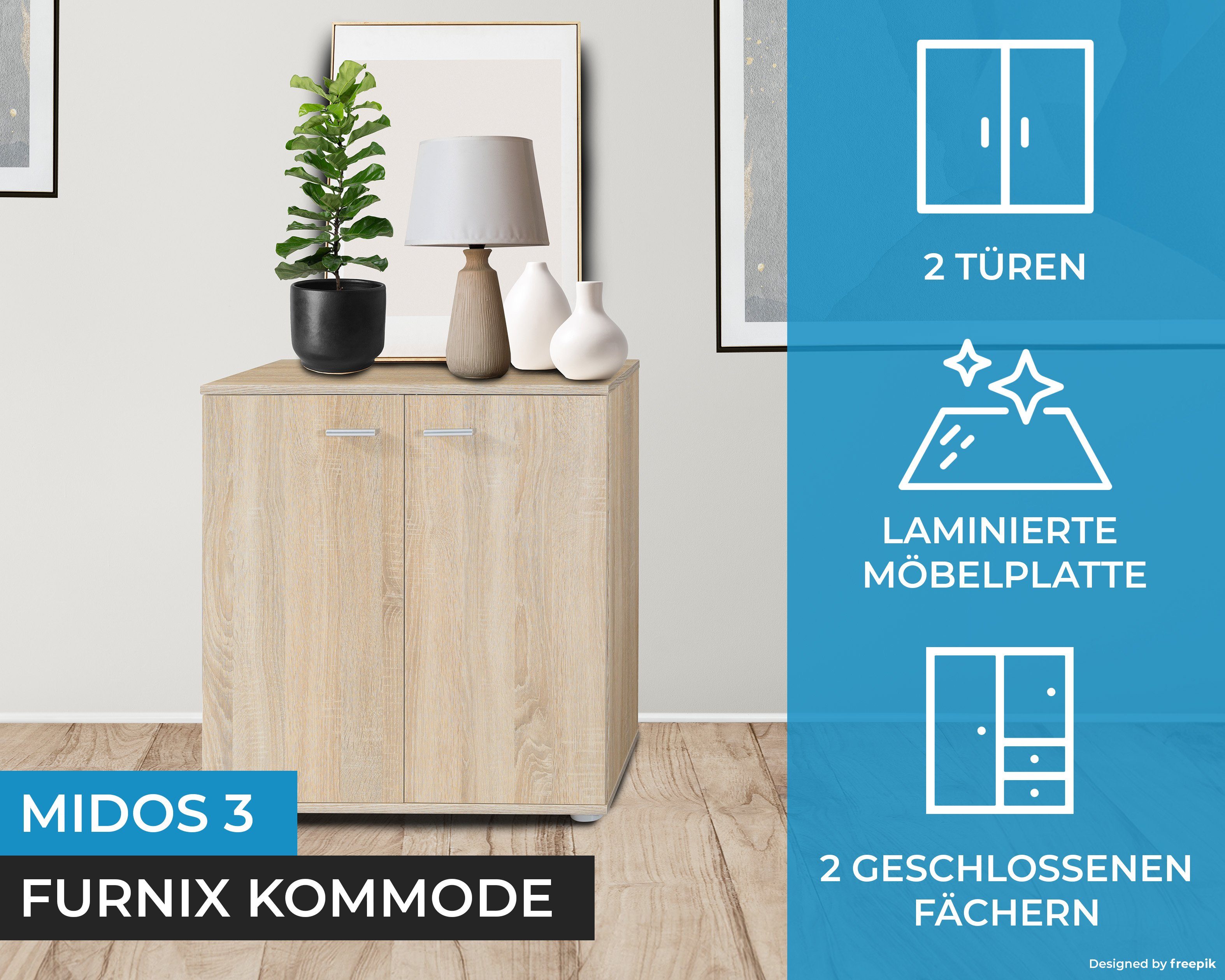 Furnix Kommode Sideboard fürs Wohnzimmer 2 modern Türen mit Midos Sonoma 3