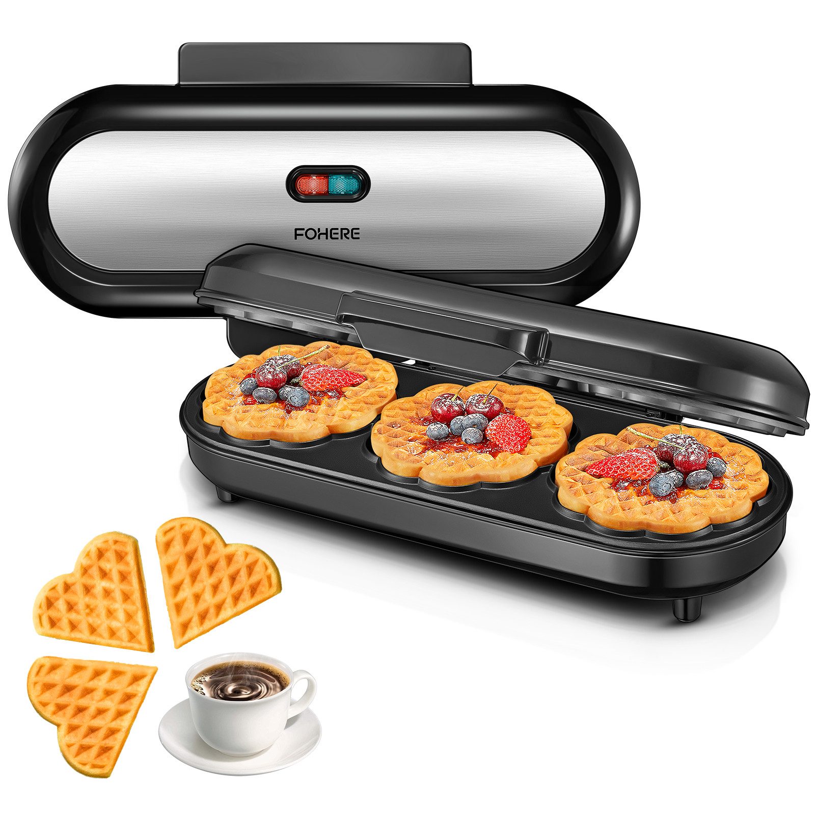 FOHERE Waffeleisen King Size Waffeleisen, 15 Herzwaffeln in 2 Minuten, 1200 W, Antihaftbeschichteten Backflächen für Herzwaffeln, Backampel