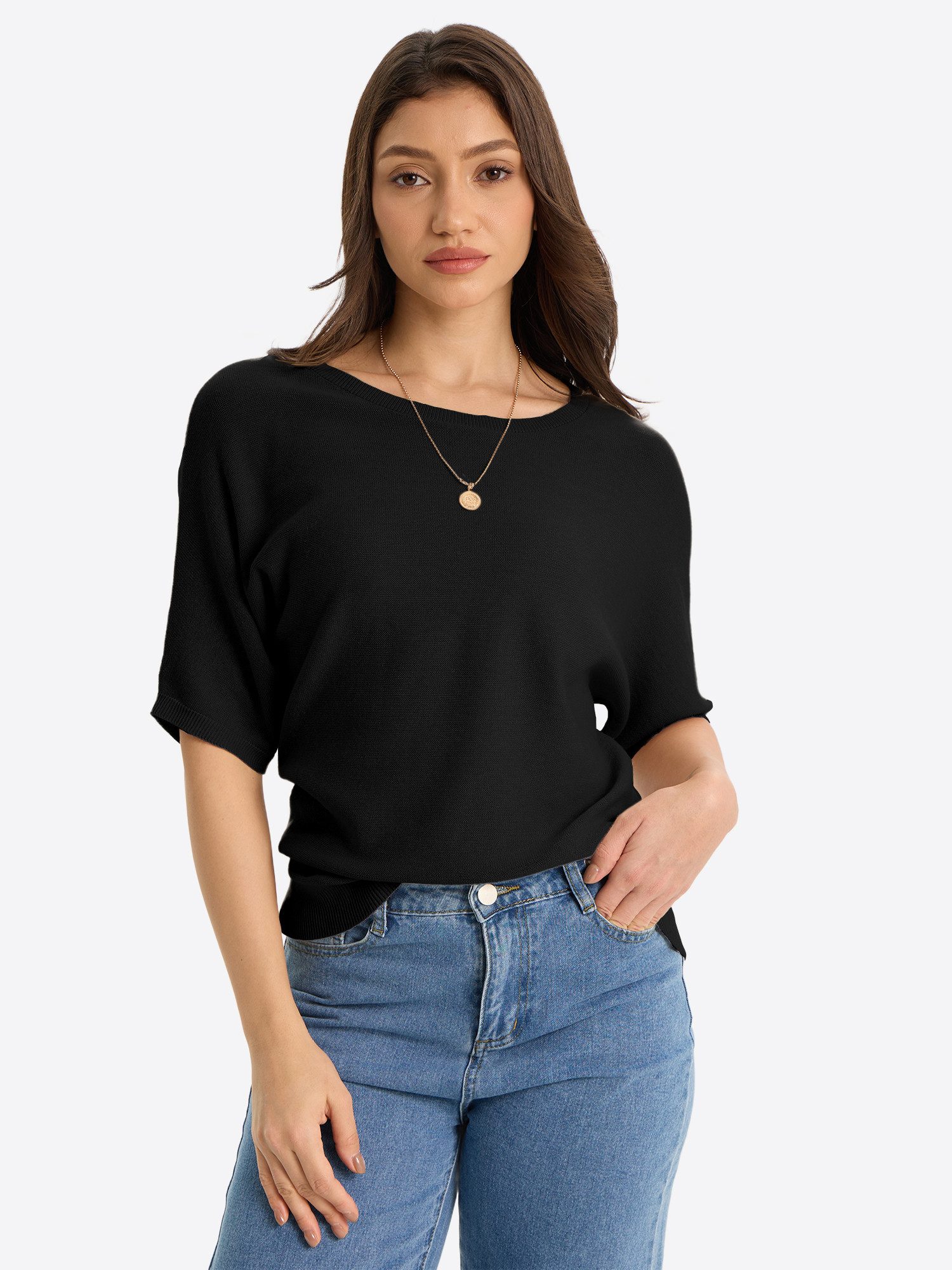 Imily Bela Strickpullover Damen Pullover mit Fledermausärmeln (Packung, 1-tlg., 1per-Pack) Halbarm