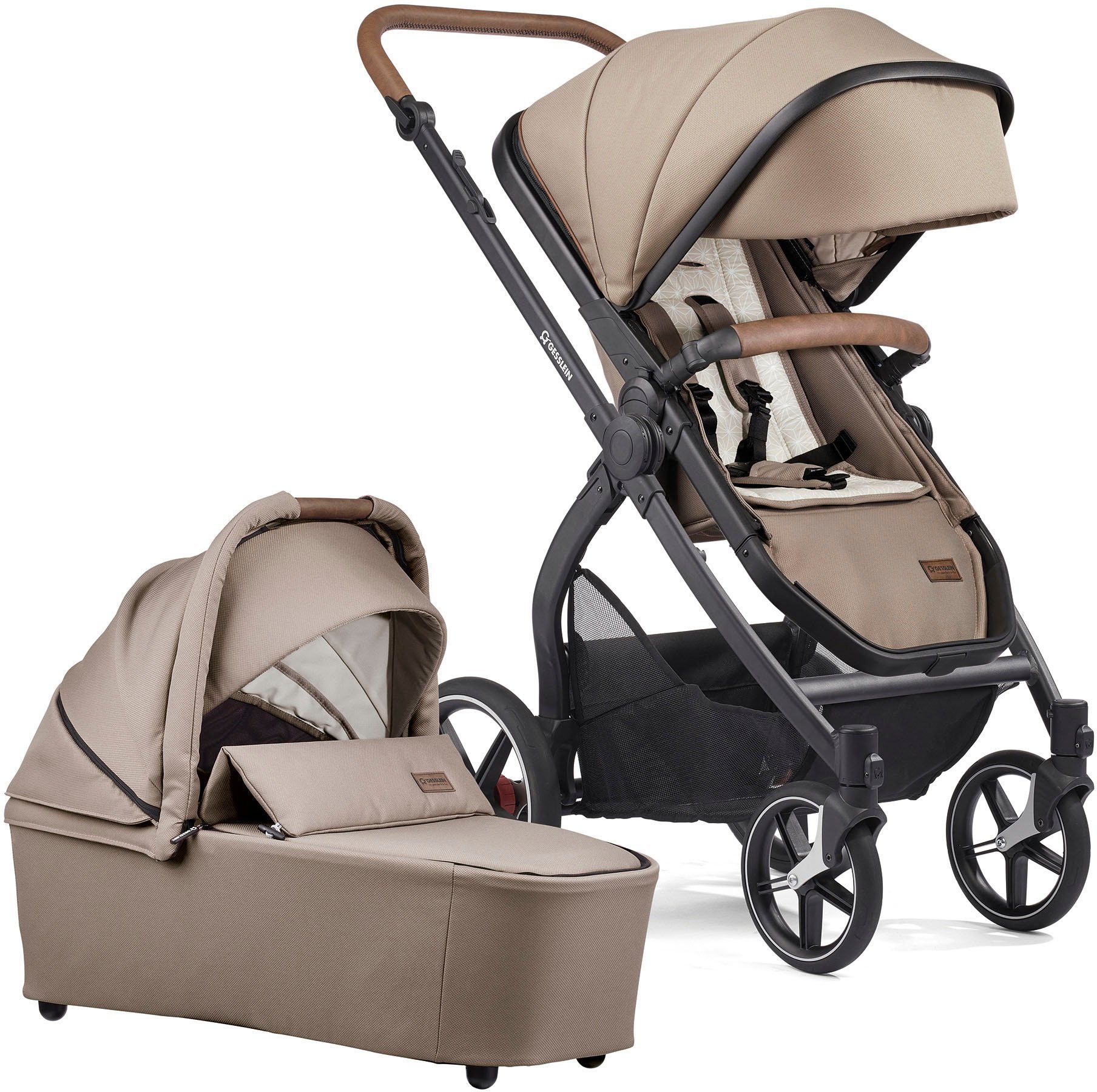 Aufsatz Soft+ sand, C3 FX4 Babyschalenadapter mit Gesslein Babywanne und Life, Kombi-Kinderwagen schwarz/tabak, mit