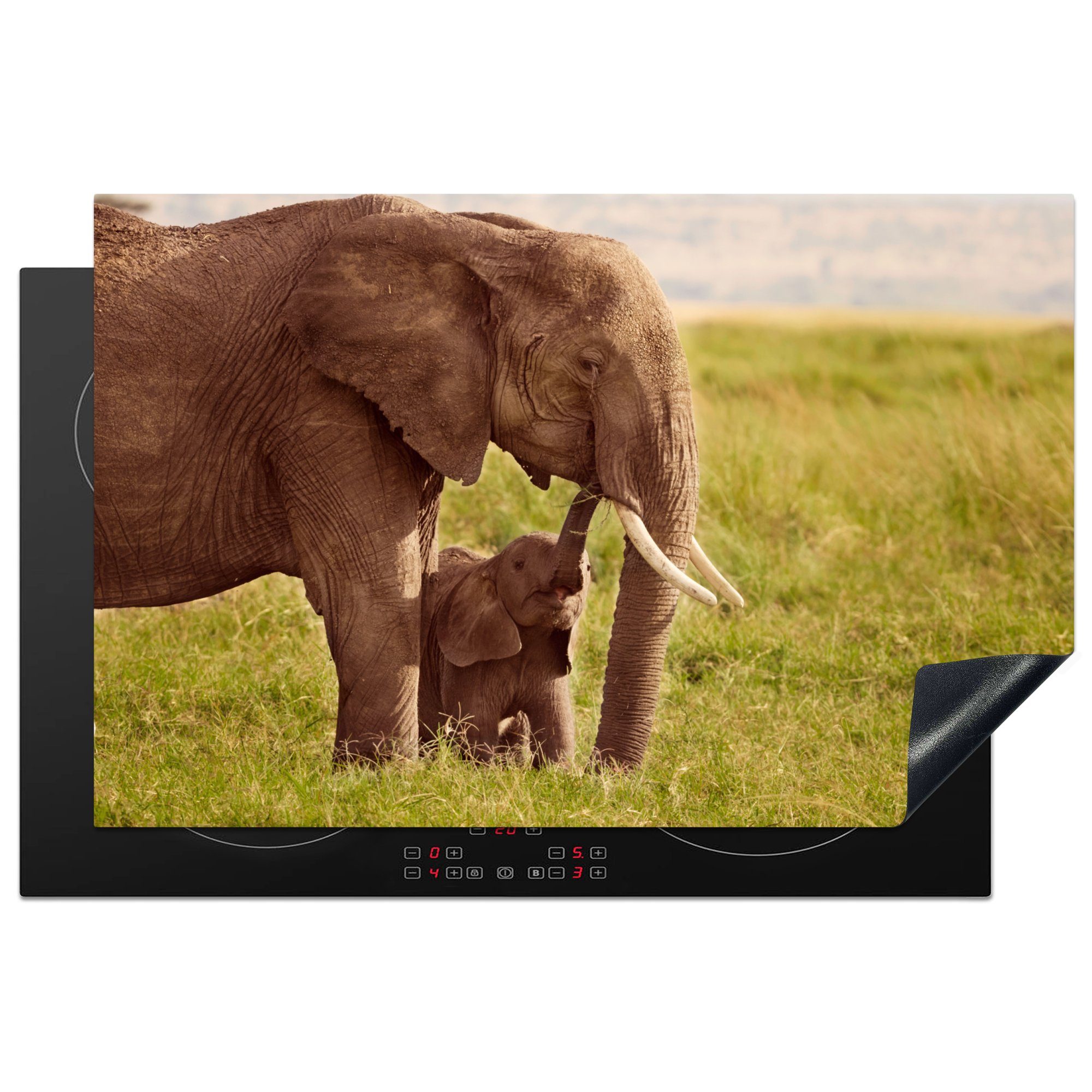 MuchoWow Herdblende-/Abdeckplatte Elefantenbaby mit seiner Mutter in Kenia, Vinyl, (1 tlg), 81x52 cm, Induktionskochfeld Schutz für die küche, Ceranfeldabdeckung