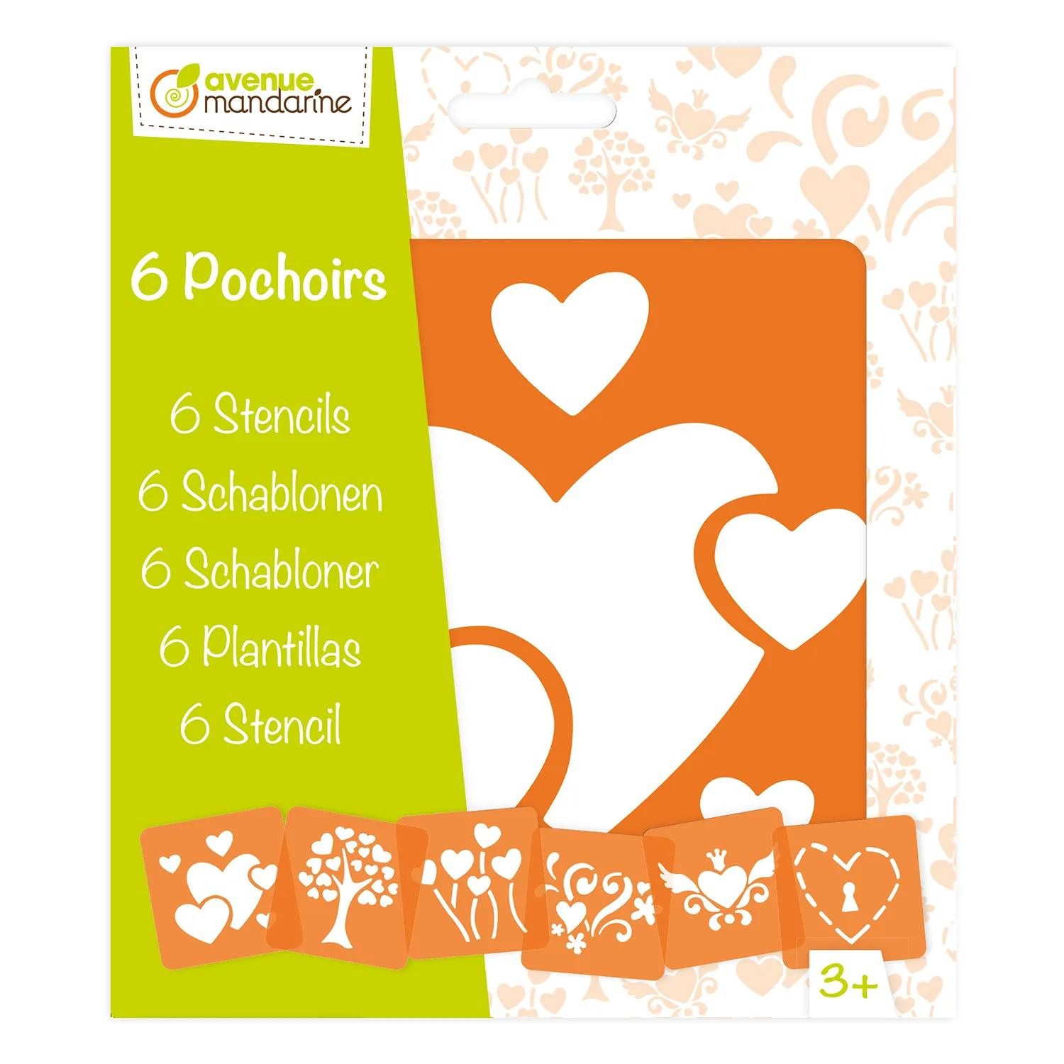 Avenue Mandarine Malschablone 3x 6-teiliges Schablonenset für Kinder, Herzen - Orange 42640O, Schablone