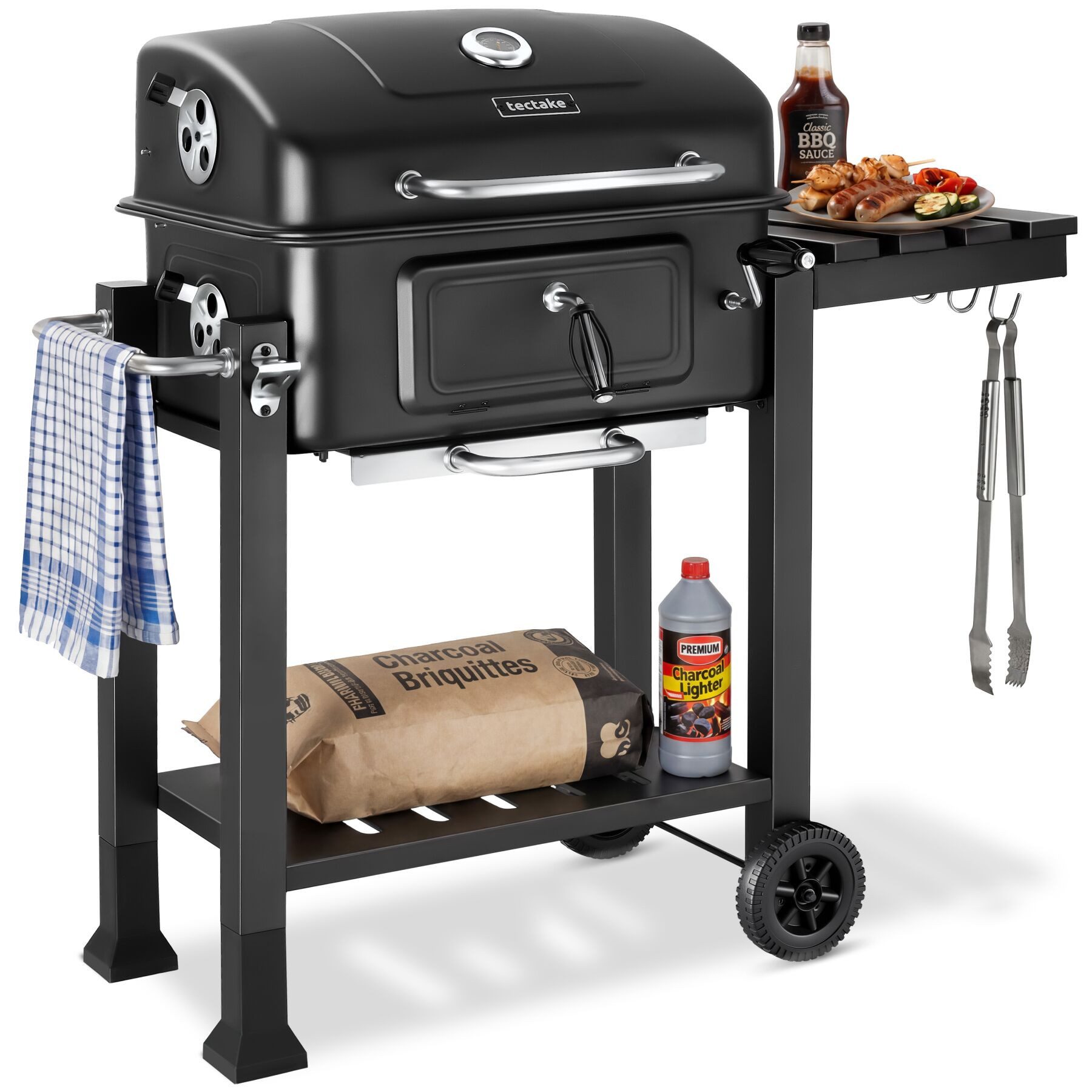 tectake Holzkohlegrill Grillwagen mit 2 Rädern, regulierbare Luftzufuhr, 110 x 64 x 104 cm, Standgrill Florian, in schwarz, mit Thermometer, Warmhalterost und klappbare Seitenablage mit 3 Haken