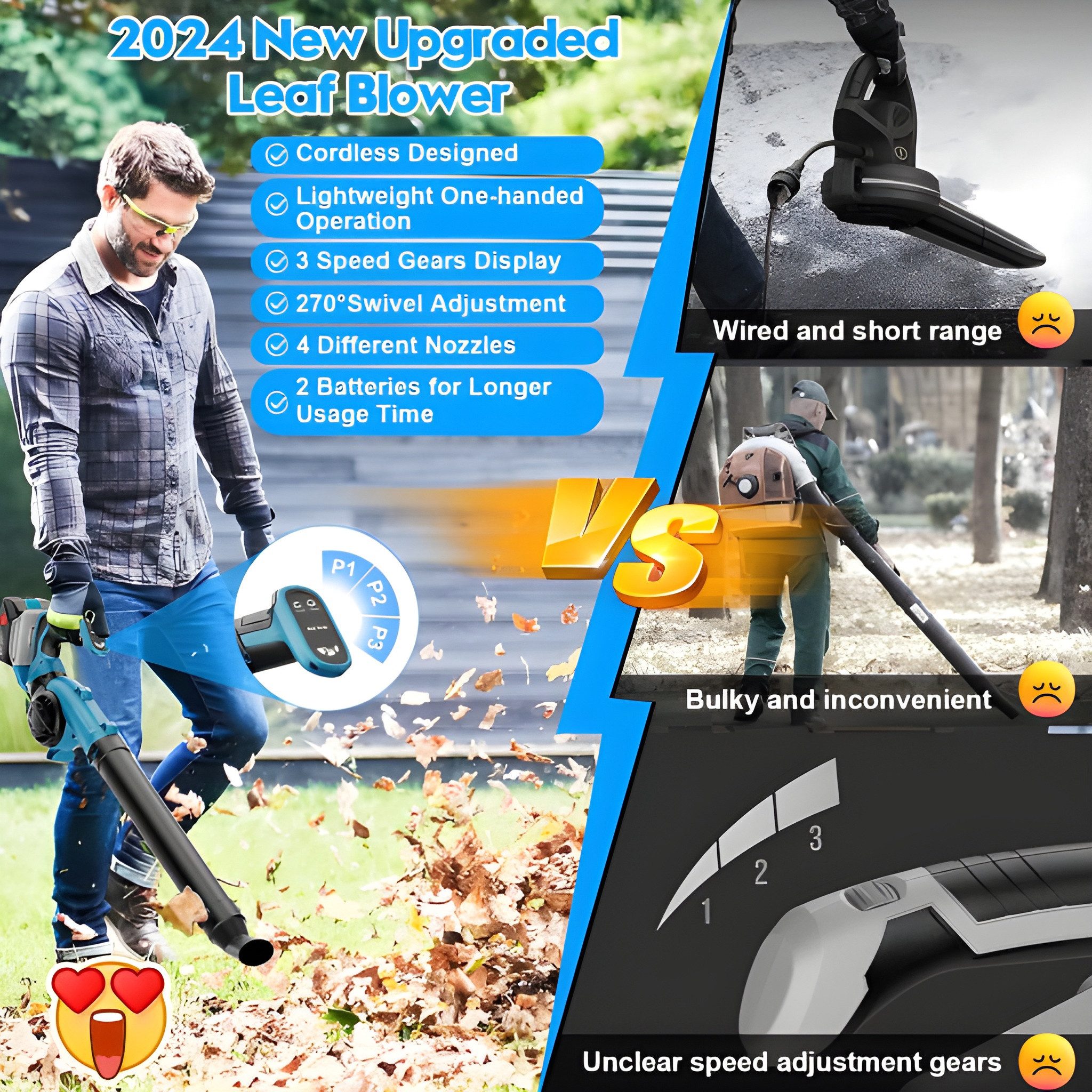 Athlix Akku-Laubbläser Laubbläser kabellos mit 2 Akkus, für Laub, Rasenpflege, Schneeräumung, 240 km/h Luftgeschwindigkeit, 17.000 U/min