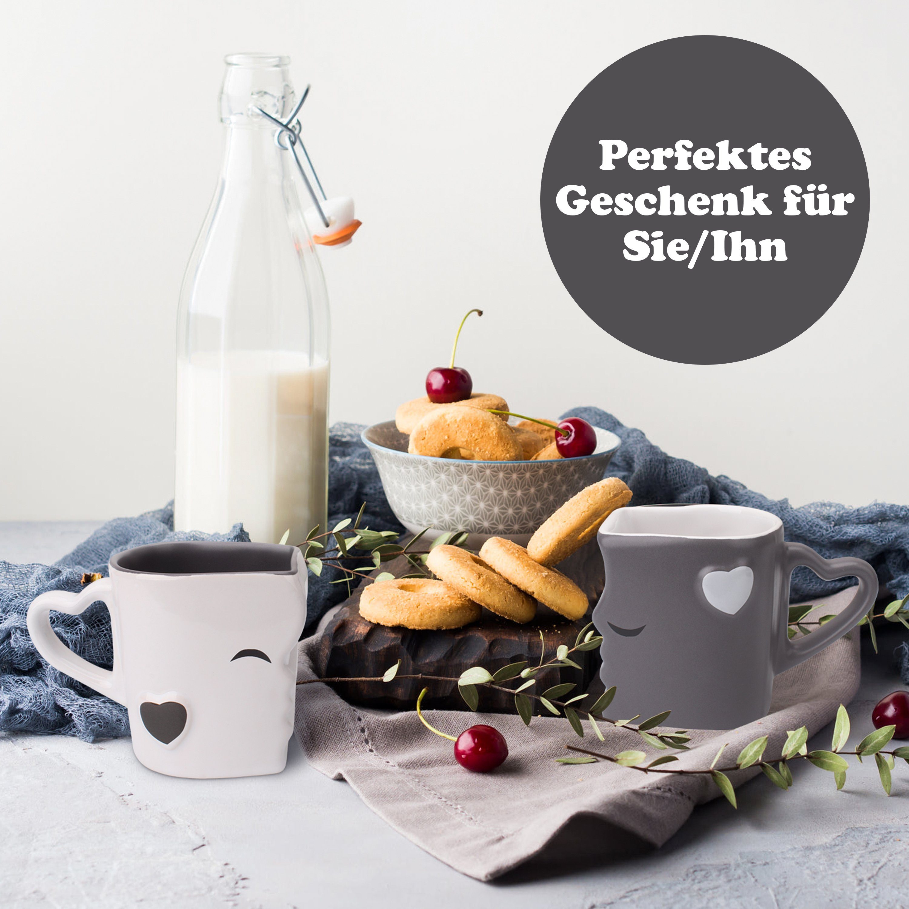 MiaMio Kaffeeservice MIAMIO - Tassen Kaffeetassen«, Küssende Set, (2-tlg) grau Geschenk Keramik