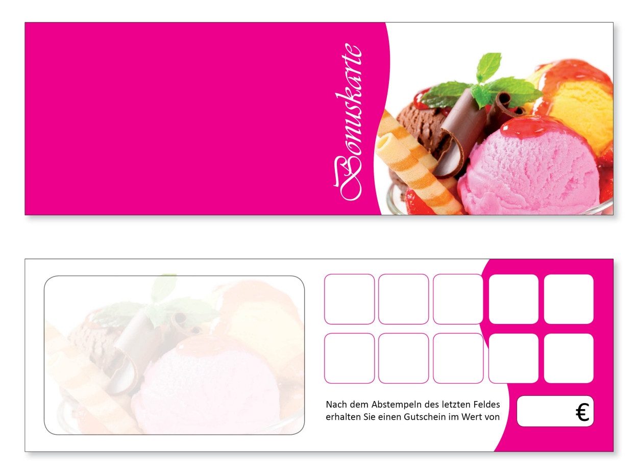 LYSCO Visitenkarten Bonuskarte Eis Kundenkarte Eisdiele Café, klappbar (BOK-406), Treuekarte,Rabattkarte,Genuss,10 Stempelfelder + Firmenstempel