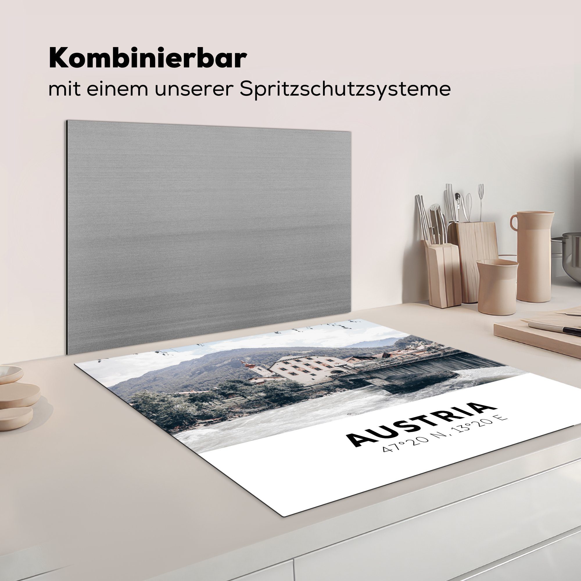 Bäume, MuchoWow - Fluss Österreich Arbeitsplatte - Herdblende-/Abdeckplatte 78x78 küche cm, (1 für Ceranfeldabdeckung, tlg), Vinyl,