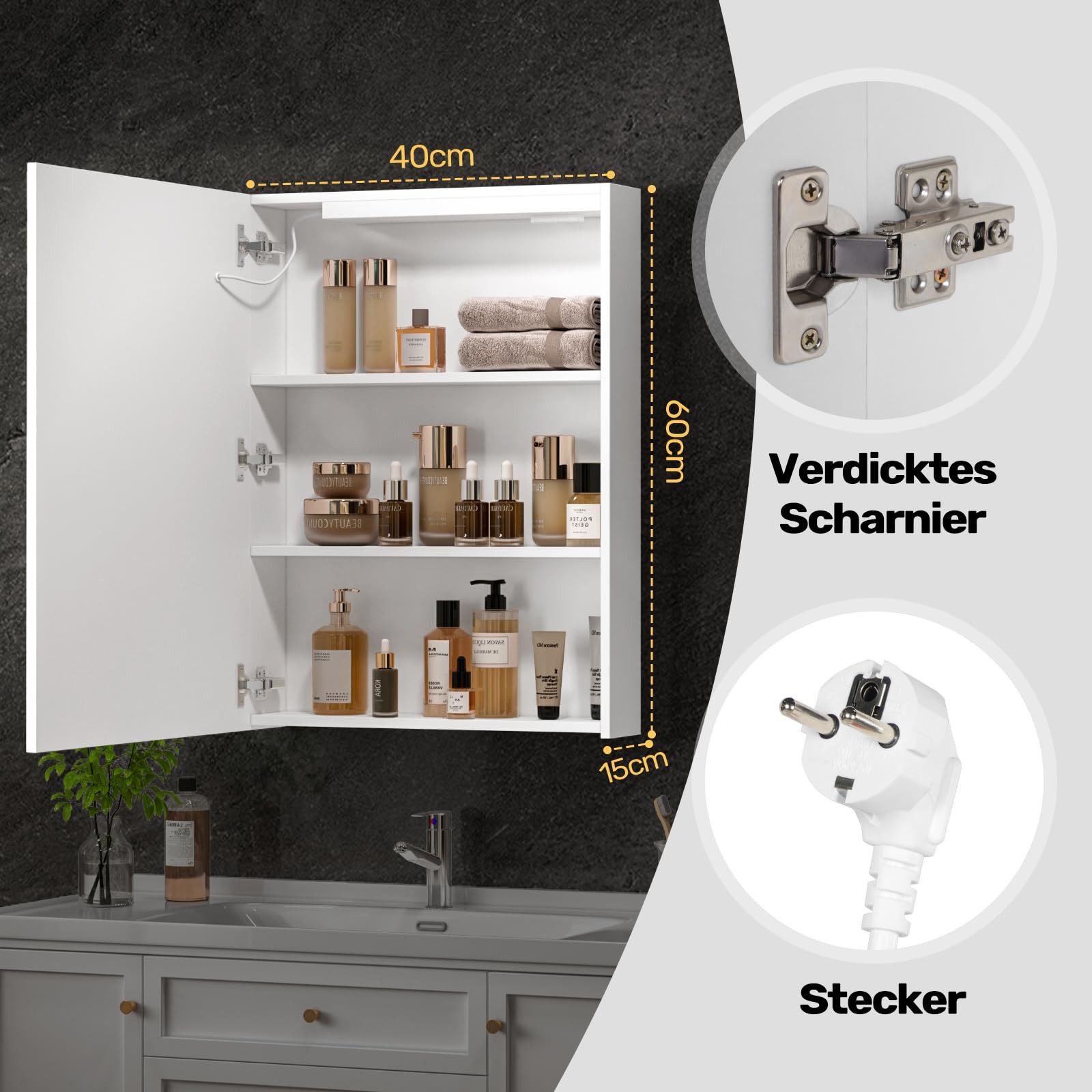 H.yeed Spiegelschrank Bad mit Beleuchtung und Steckdose, Verstellbares Regal, Entfogging-Funktion, Wandmontage