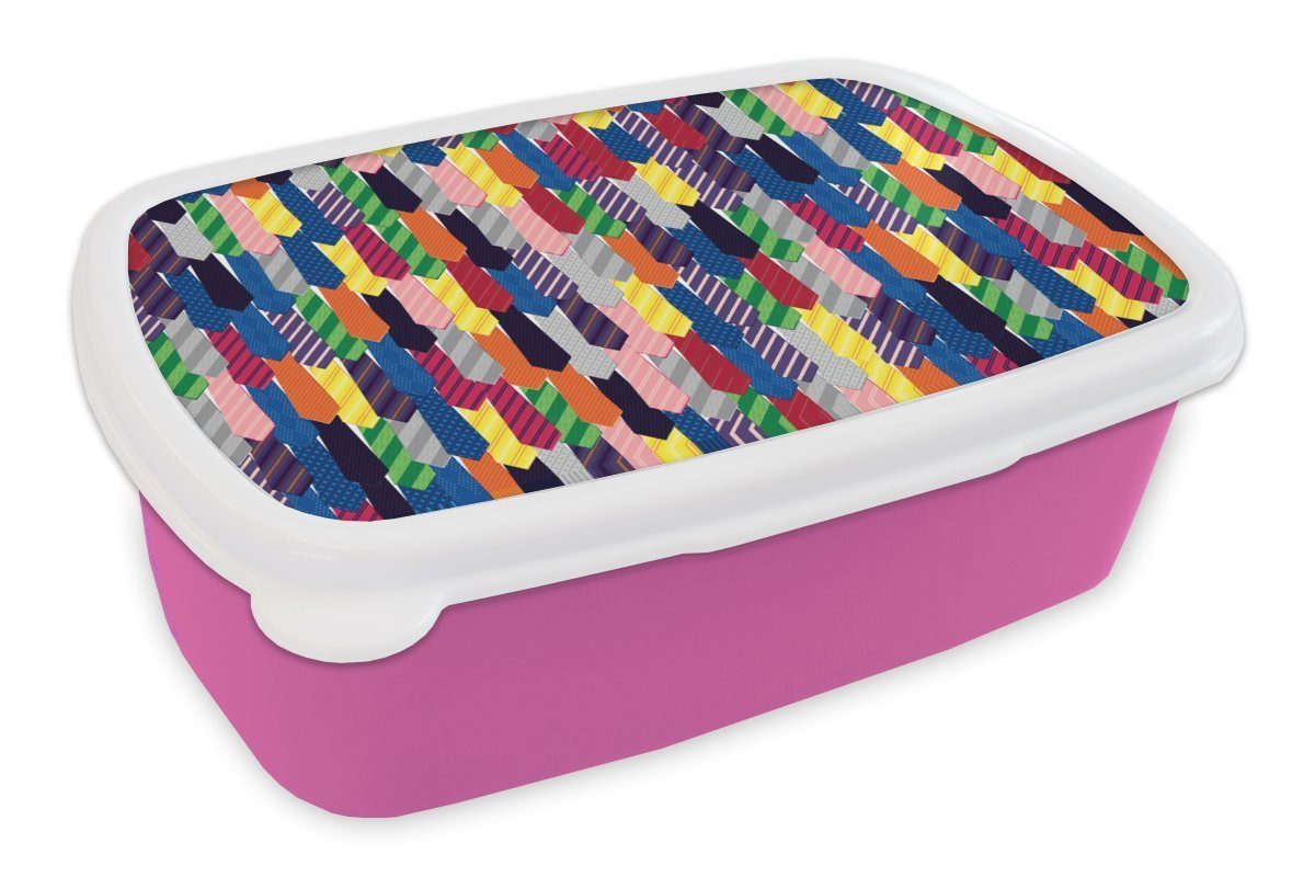 MuchoWow Lunchbox Krawatte - Regenbogen - Muster, Kunststoff, (2-tlg), Brotbox für Erwachsene, Brotdose Kinder, Snackbox, Mädchen, Kunststoff rosa