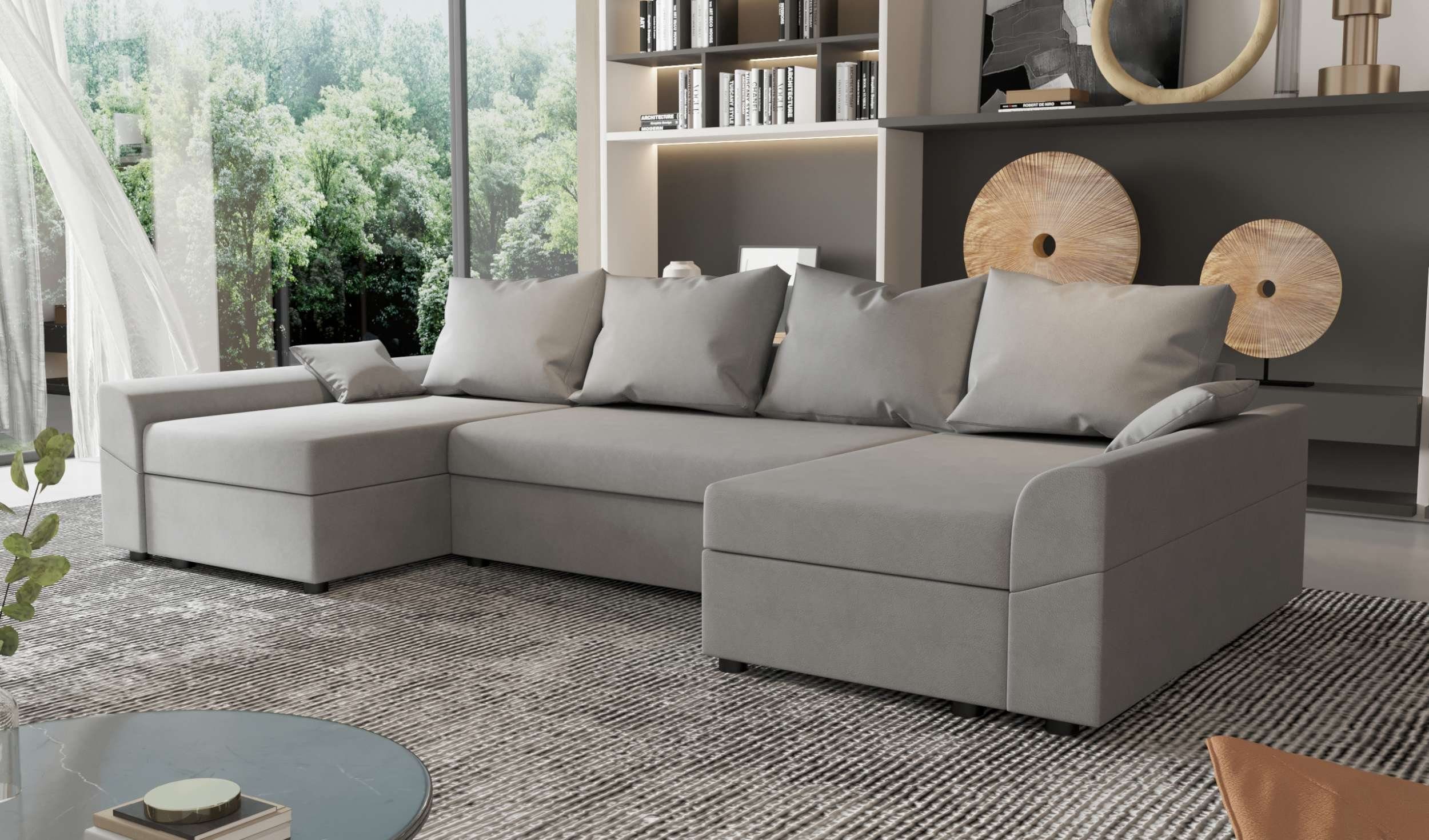 Wohnlandschaft Bettkasten, Sitzkomfort, Sofa, Eckcouch, Carolina, mit U-Form, Design Bettfunktion, Stylefy Modern mit