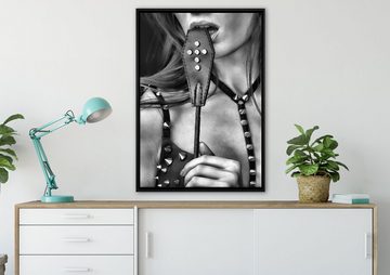 Pixxprint Leinwandbild Sexy Woman mit Lederpeitsche, Wanddekoration (1 St), Leinwandbild fertig bespannt, in einem Schattenfugen-Bilderrahmen gefasst, inkl. Zackenaufhänger