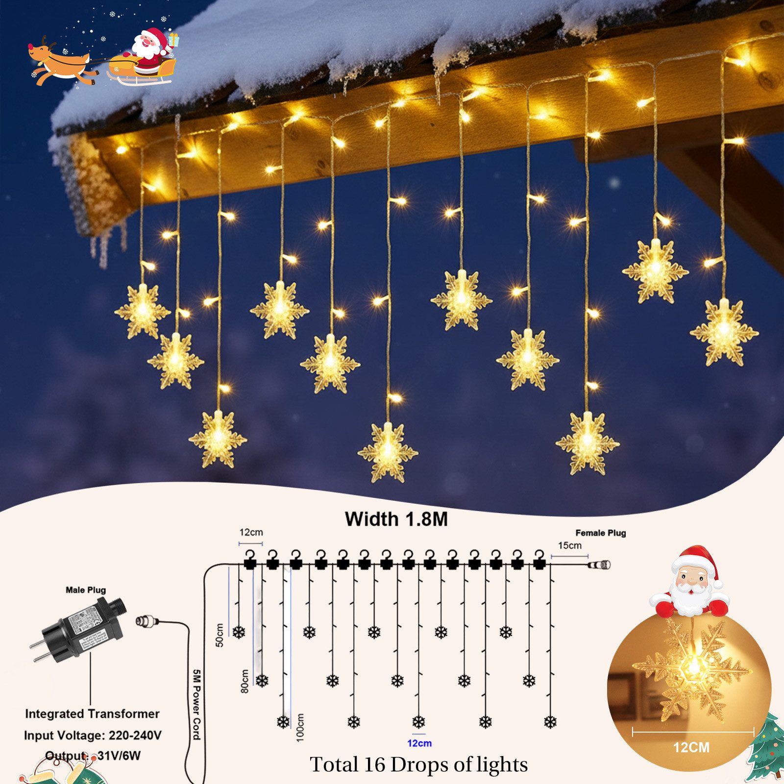 Rosnek LED-Lichtervorhang 12cm Schneeflocke Weihnachtsbeleuchtung, 8 Modi, Timer, anschliessbar, Speicherfunktionen; Wohnzimmer Deko