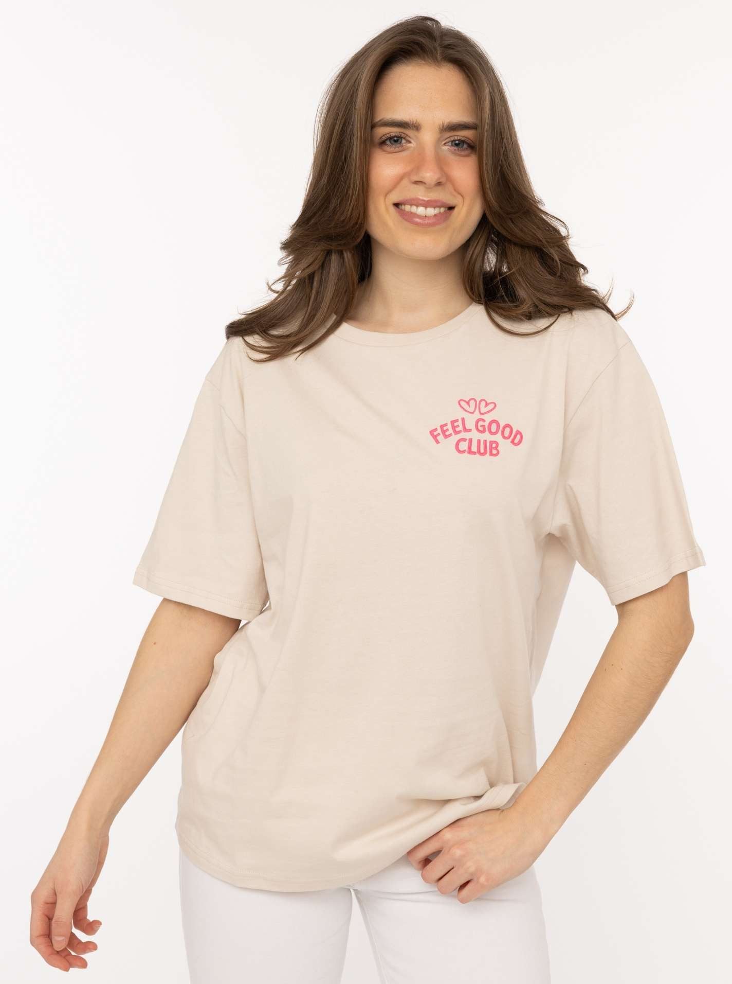 Zwillingsherz T-Shirt "Feel Good Club" Rundhals, einfarbig, kleine Stickere günstig online kaufen