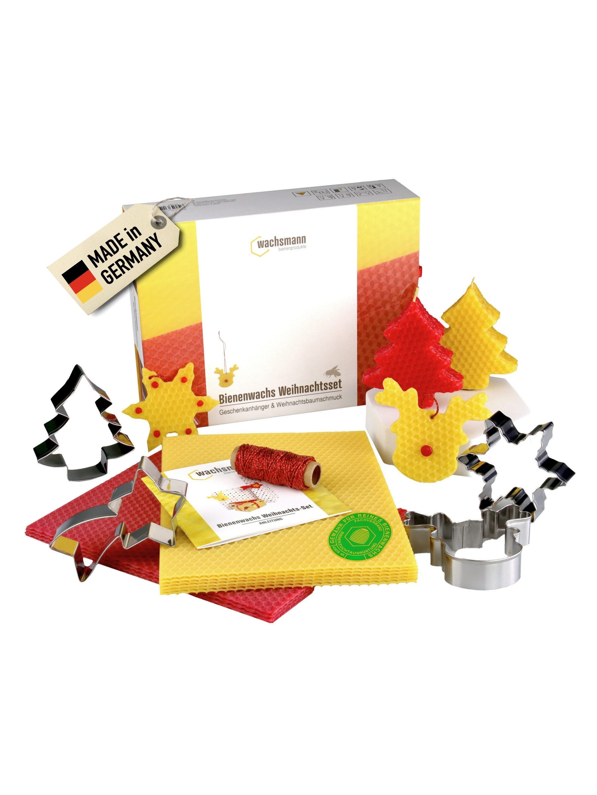 Wachsmann Bienenprodukte Ремеслоaturmaterial Bastel-Set mit 100% Bienenwachs, Weihnachtsanhänger selber machen, (Deko für Geschenke & den Tannenbaum), Mit Ausstechformen, Dekoband & Dochten