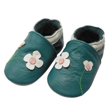 Yalion Weiche Leder Krabbelschuhe Lauflernschuhe 2-Blumen Türkis 100% Leder Krabbelschuh