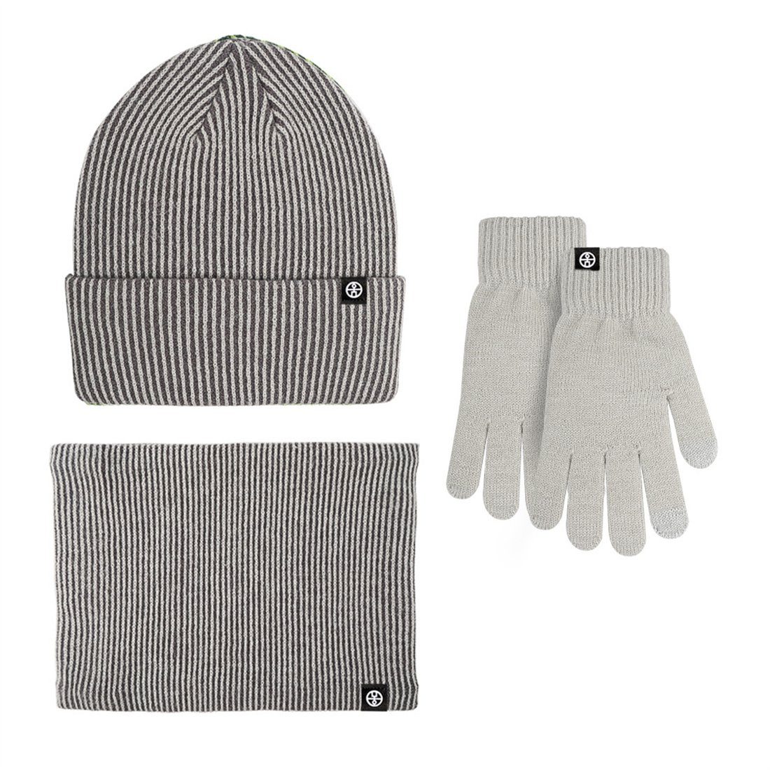 Grau Mütze DÖRÖY Handschuhe + + Warmes Schal Strickmütze wattierte 3tlg. Unisex-Winterset,