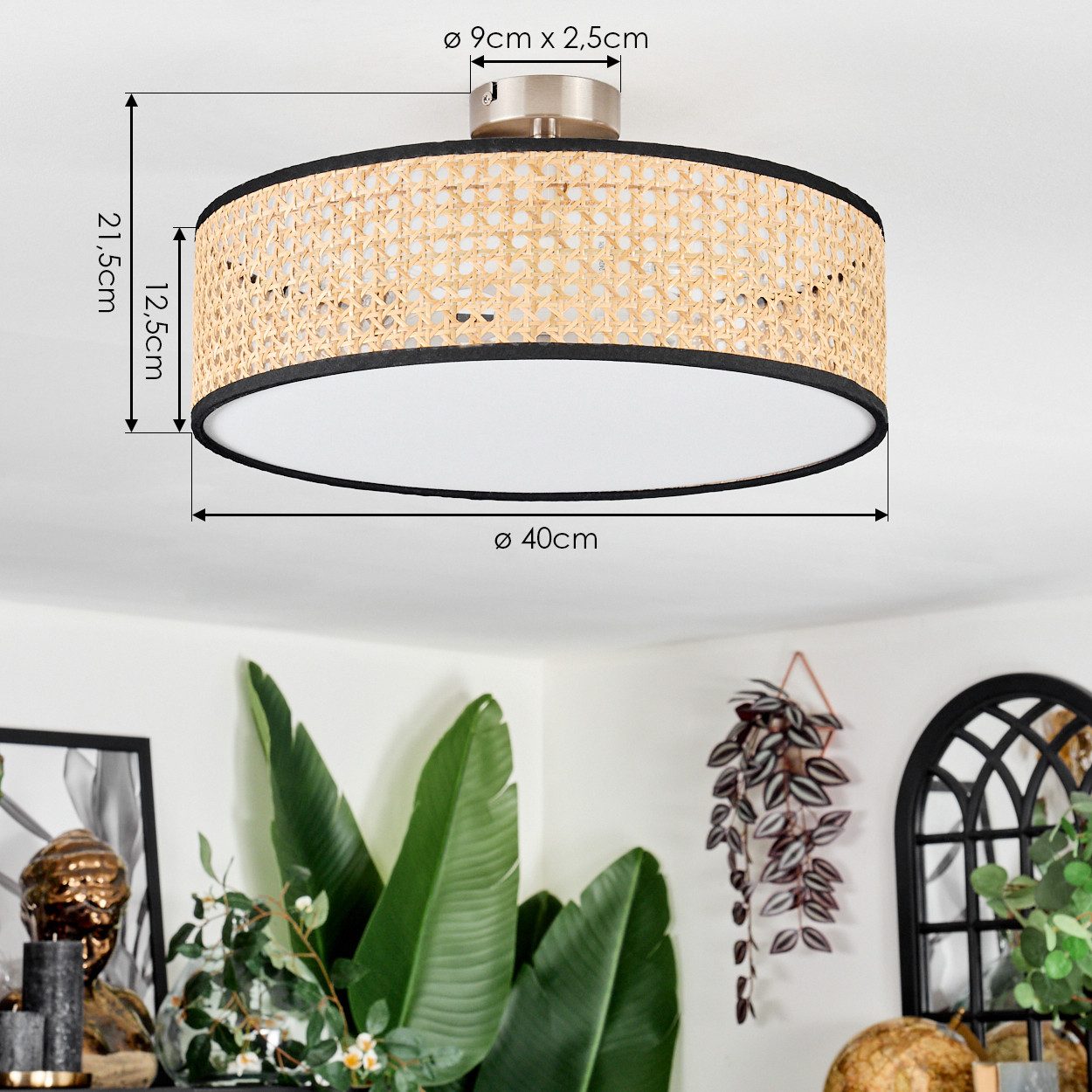 hofstein Deckenleuchte Deckenlampe aus Metall/Korbgeflecht/Stoff/Kunststoff in Schwarz/Weiß, Deckenleuchte im modernen Boho-Design, Ø 40 cm, E27 – Bild 4 von 5