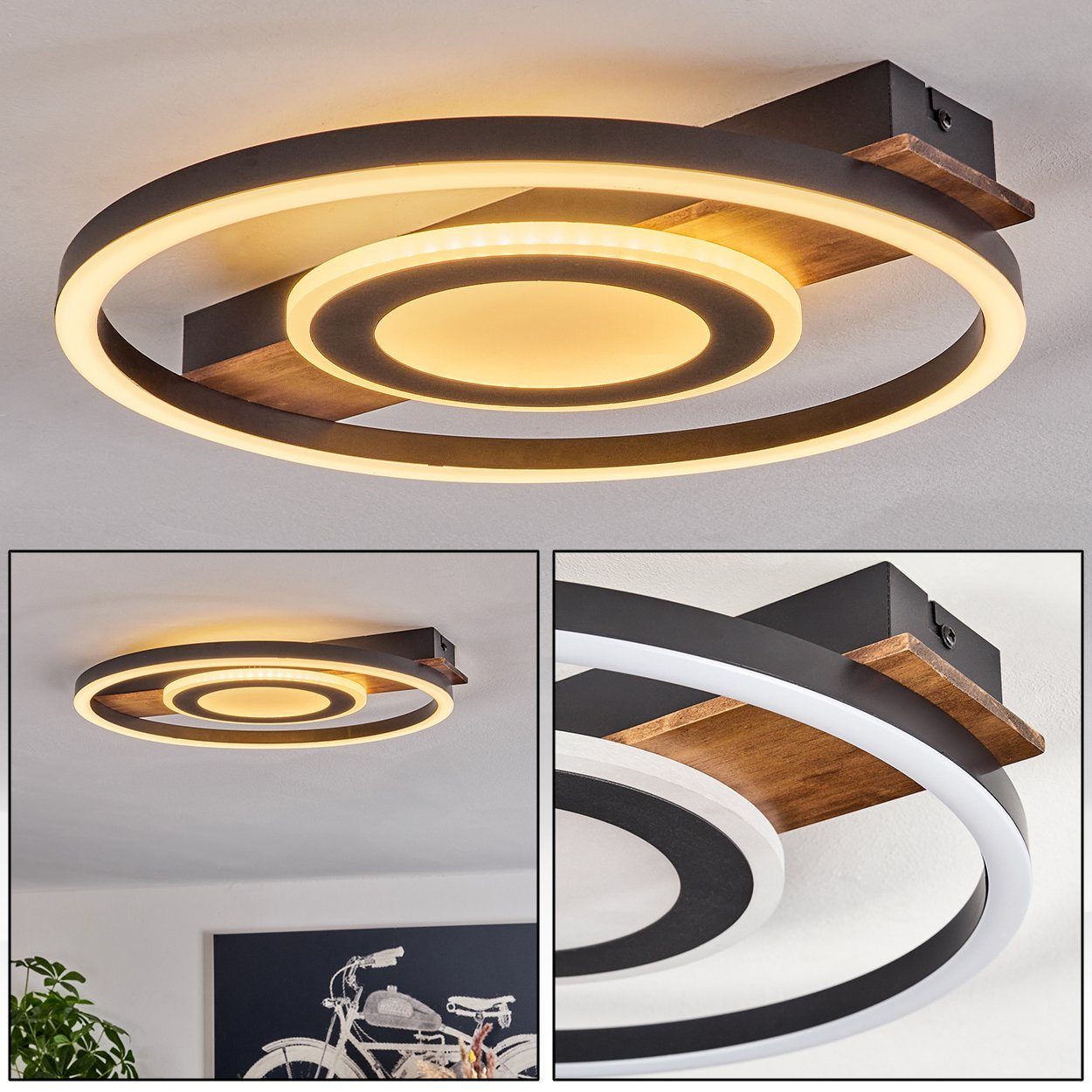 hofstein Deckenleuchte Deckenlampe aus Metall/Holz/Kunststoff in  Schwarz/Dunkelbraun/Weiß, LED wechselbar, 3000 Kelvin, (38,5 cm), 22 Watt,  2900 Lumen, 3000 Kelvin