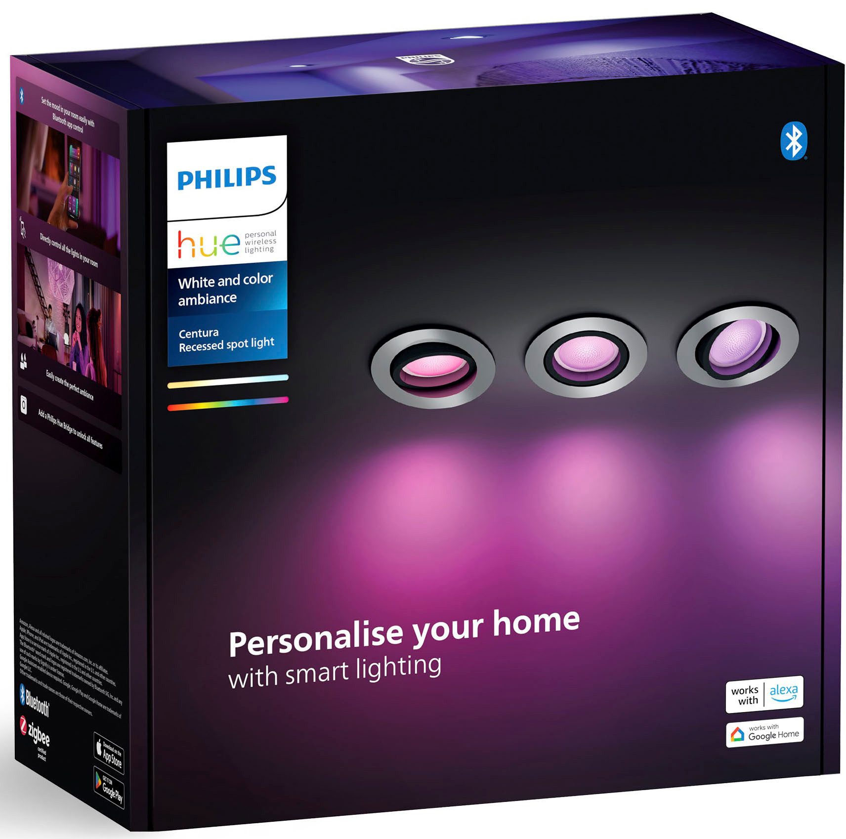 Philips Hue LED Einbauleuchte White & Color Ambiance Centura Einbauspot 3er Pack rund, Abschaltautomatik, Bluetooth, CCT - über Fernbedienung, Dimmfunktion, Farbsteuerung, Farbwechsel, Leuchtdauer einstellbar, Memoryfunktion, Nachtlichtfunktion, RGB, Smart Home, Timerfunktion, dimmbar über Fernbedienung, erweiterbar, mehrere Helligkeitsstufen, LED wechselbar, RGB