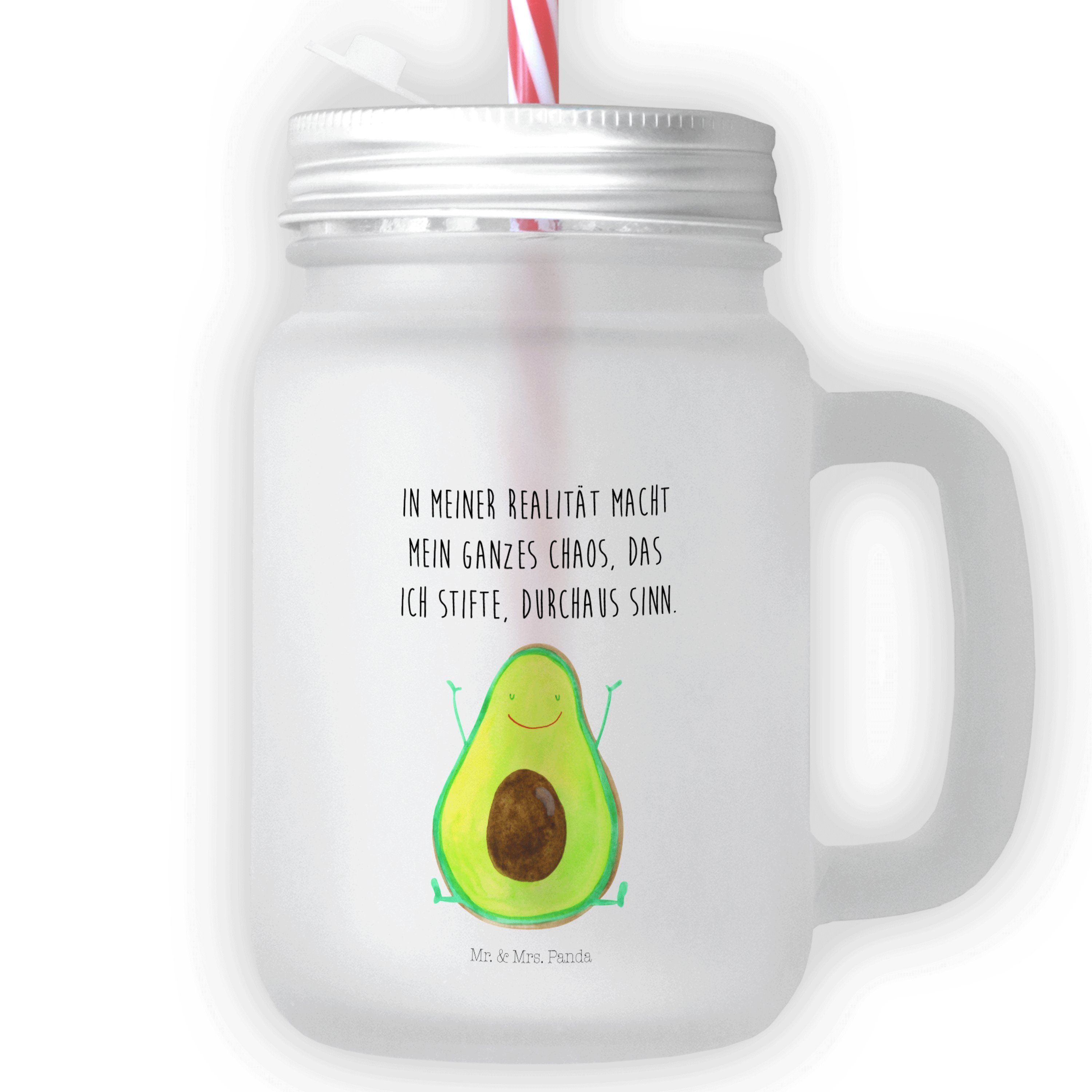 Mr. & Mrs. Panda Glas Avocado Happy - Transparent - Geschenk, Freude, Mason Jar Trinkglas, Premium Glas