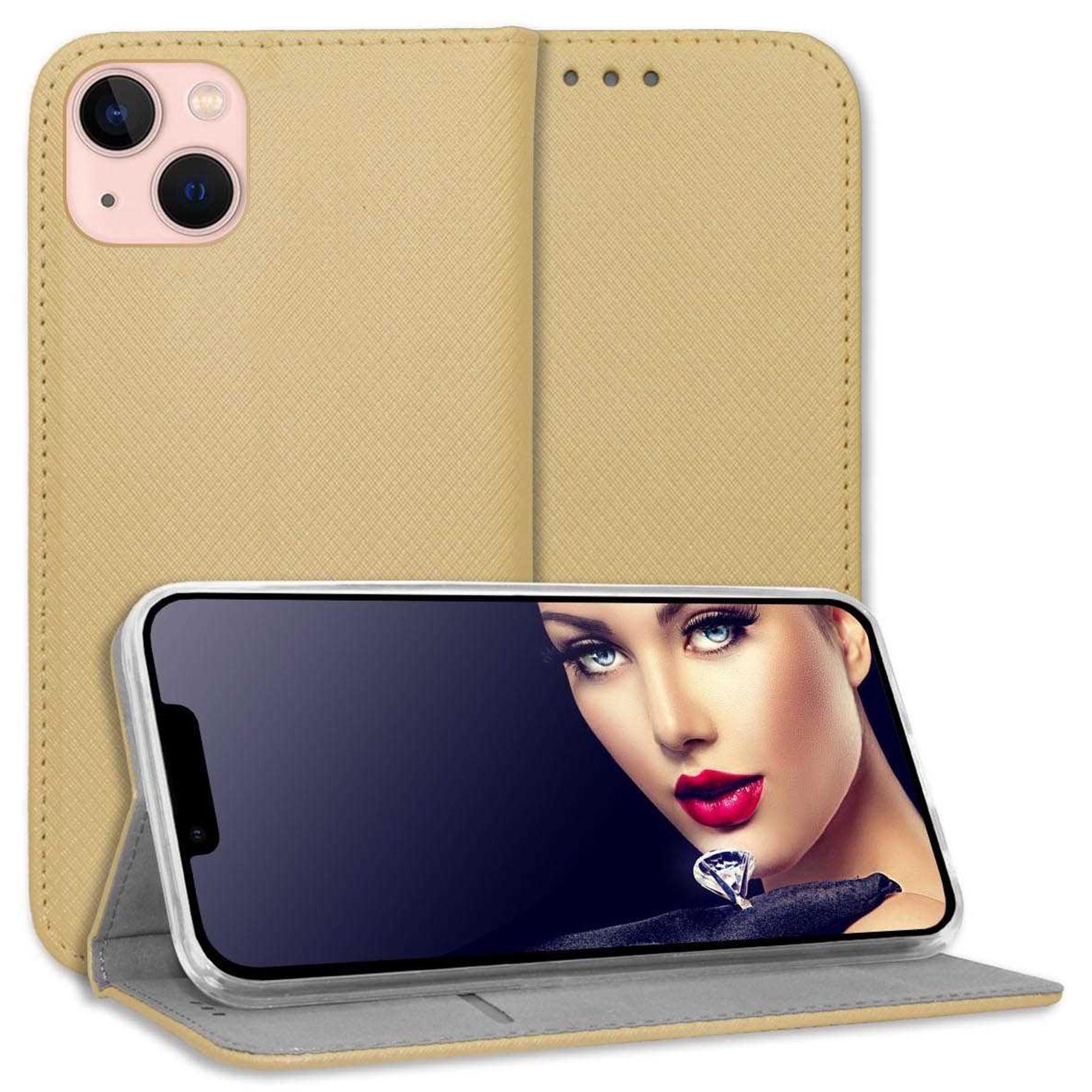 mtb more energy Smartphone-Hülle Smart Magnet für Apple iPhone 13 mini, Gold, Bookstyle Klapphülle Cover Wallet Case aus Kunstleder