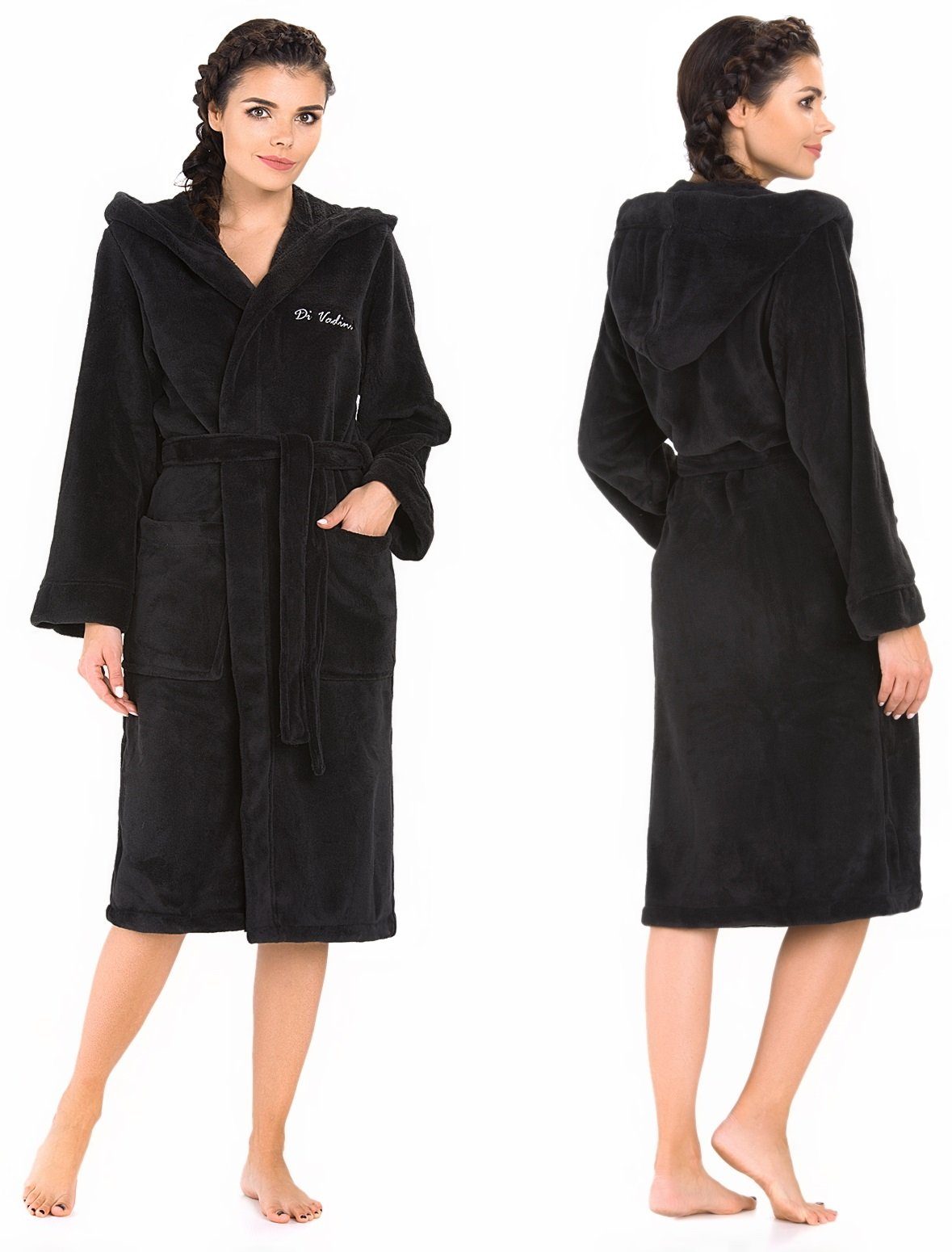 Di Vadini Bademantel Di Vadini UNISEX Herren Damen Bademantel FLORENZ mit Kapuze, wadenlang, Polyester, Weitenverstellung, Bindegürtel, mit Kapuze