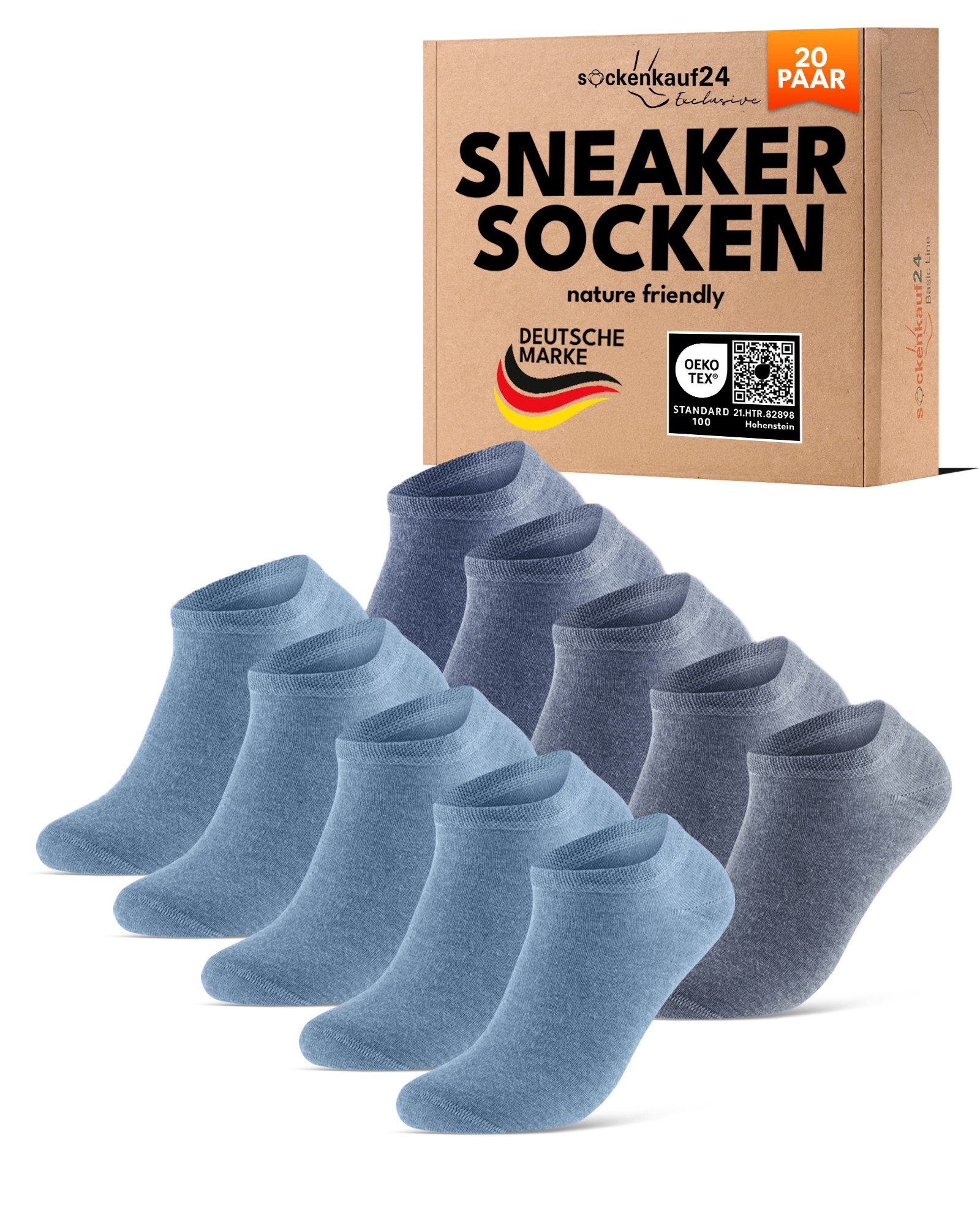 sockenkauf24 Sneakersocken Premium Sneaker Socken Herren & Damen mit Komfortbund ohne Gummidruck (20-Paar) atmungsaktive gekämmte Baumwolle, ohne Naht, Exclusive Line