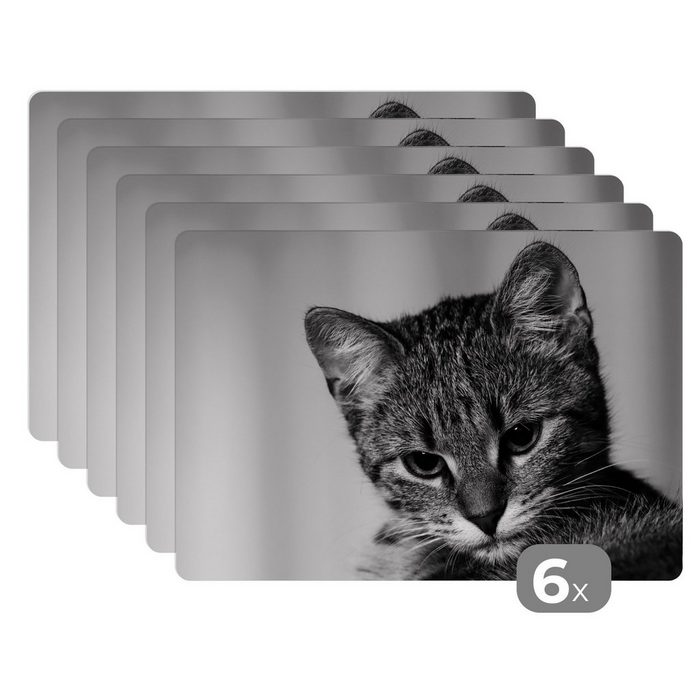 Platzset Katze - Porträt - Schwarz - Weiß MuchoWow (6-St) Platzset Platzdecken Platzmatte Tischmatten Schmutzabweisend
