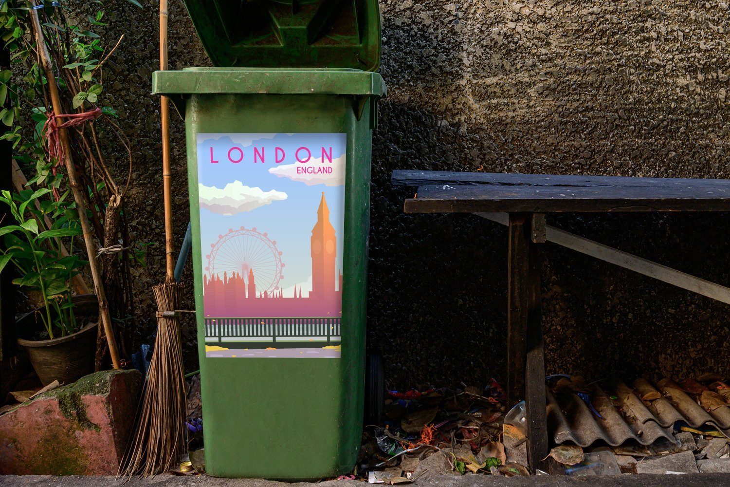 von Mülleimer-aufkleber, MuchoWow Mülltonne, Abfalbehälter England Skyline London, Wandsticker (1 Container, der Sticker, Illustration St),