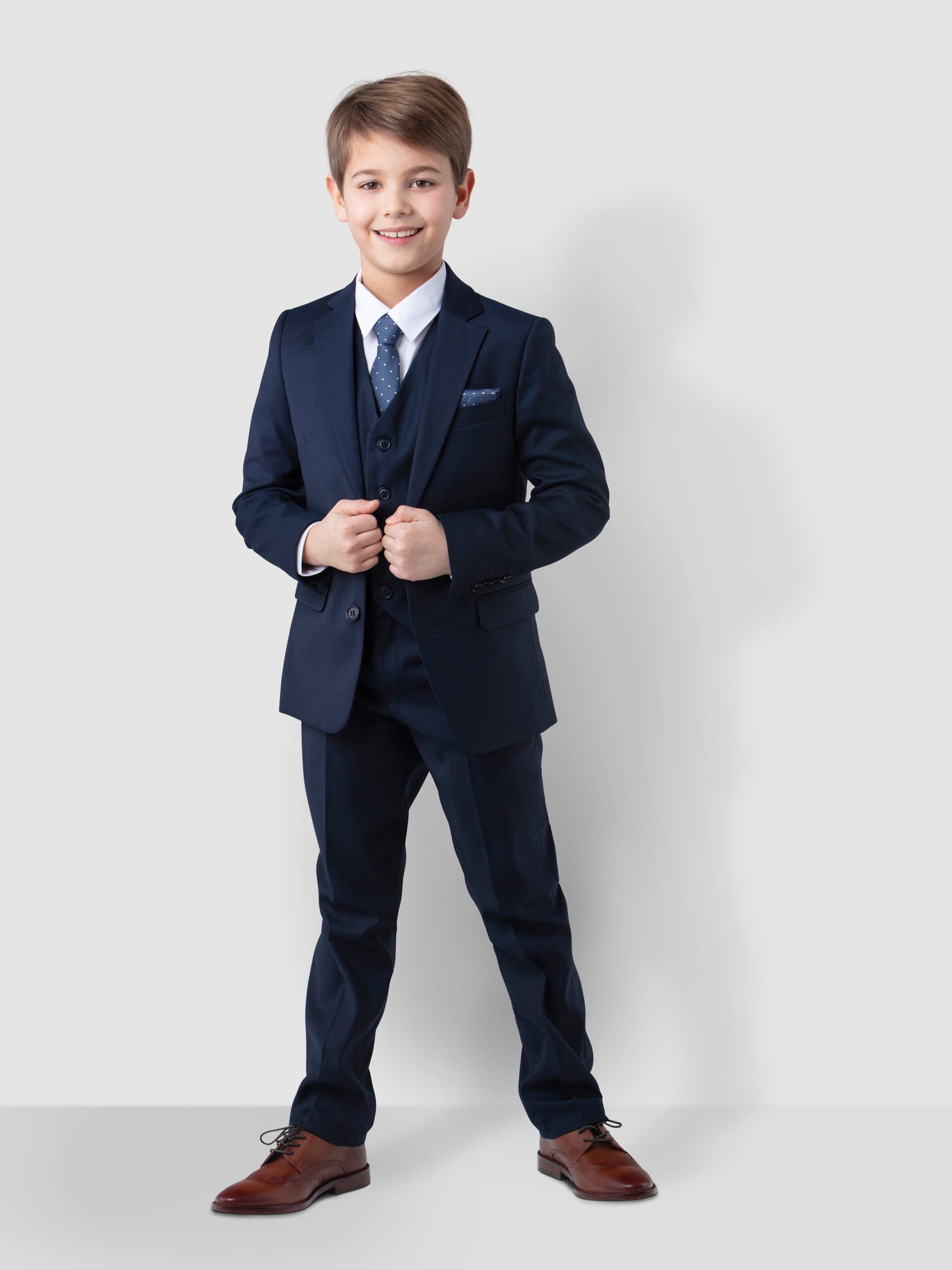 Melli-Trends Kinderanzug Luxuriöser Jungen festlich, (Sakko, Weste, Krawatte und Hemd, Anzug, Dunkelblau Einstecktuch) elegant in Hose, 6-teilig, Kommunionanzug