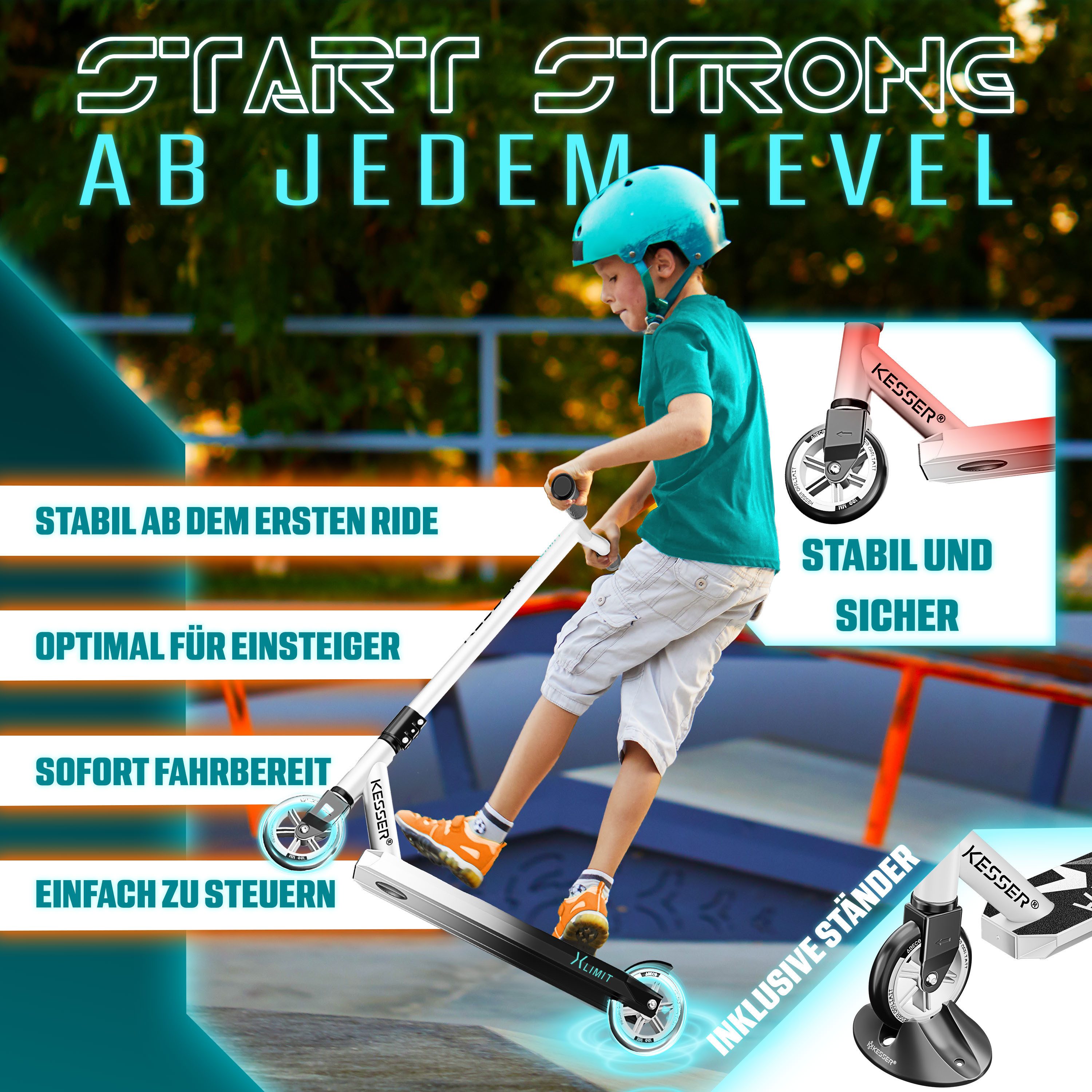 KESSER Stuntscooter X-Limit 360° Lenkung, ABEC9 Kugellagern, 100 mm PU Räder, Freestyle Kickscooter Funscooter für Kinder & Erwachsene