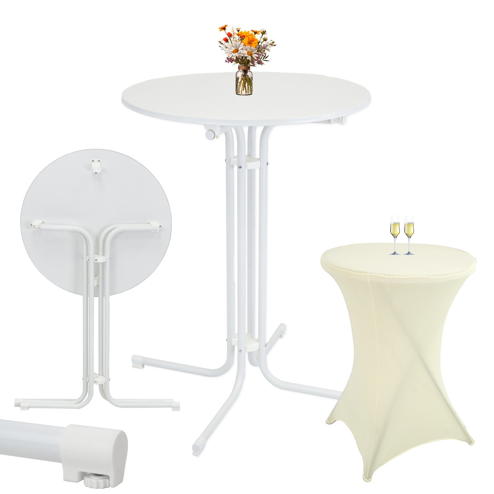 TRUTZHOLM Stehtisch klappbar Ø 80 cm Weiß & Husse Beige bügelfrei Bistrotisch Partytisch (Set aus Stehtisch und Husse), bügelfrei