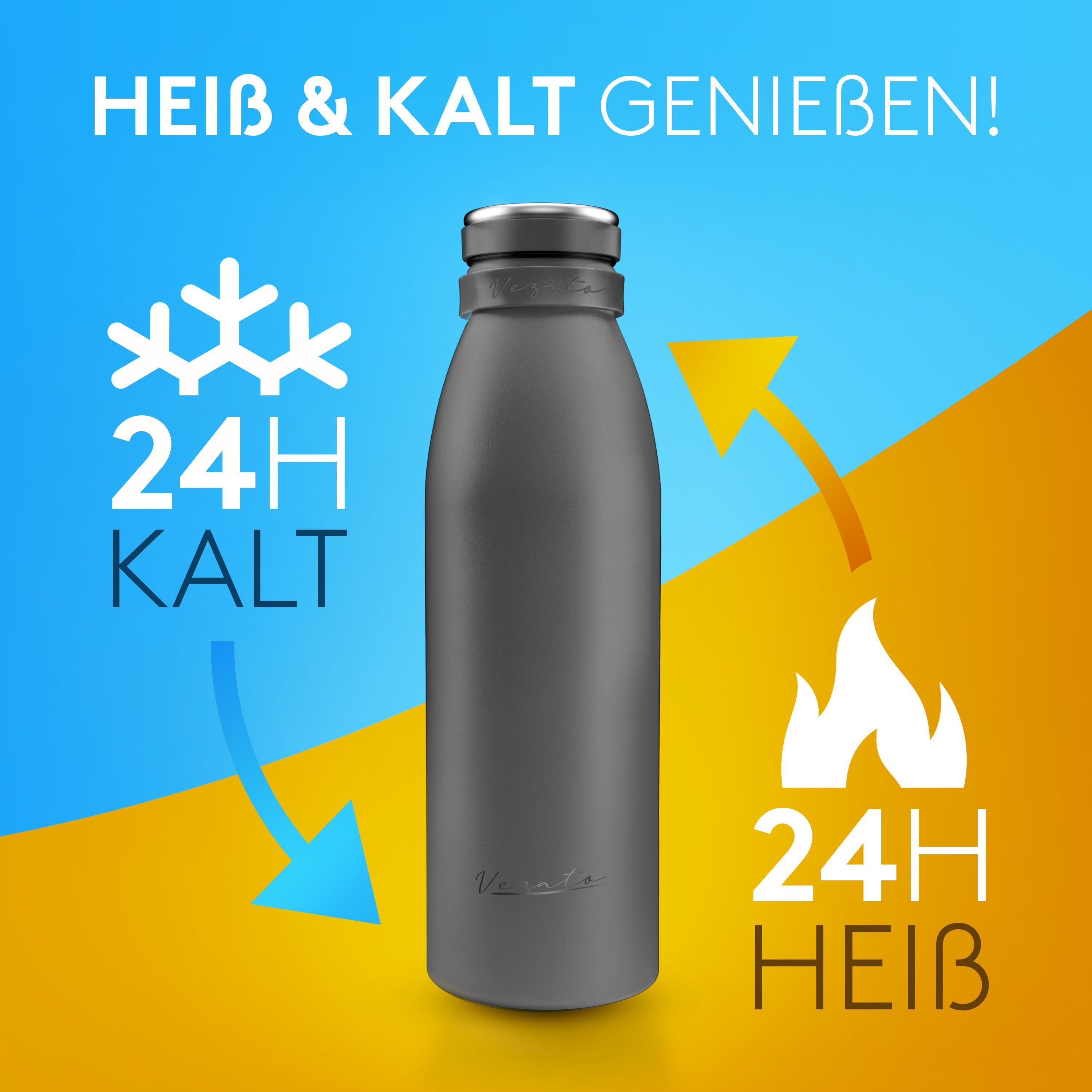 Vezato Isolierflasche Trinkflasche Edelstahl - BPA-freie Thermo Trinkflasche 500-1000ml, mit Tragegurt - auslaufsichere Thermosflasche spülmaschinenfest
