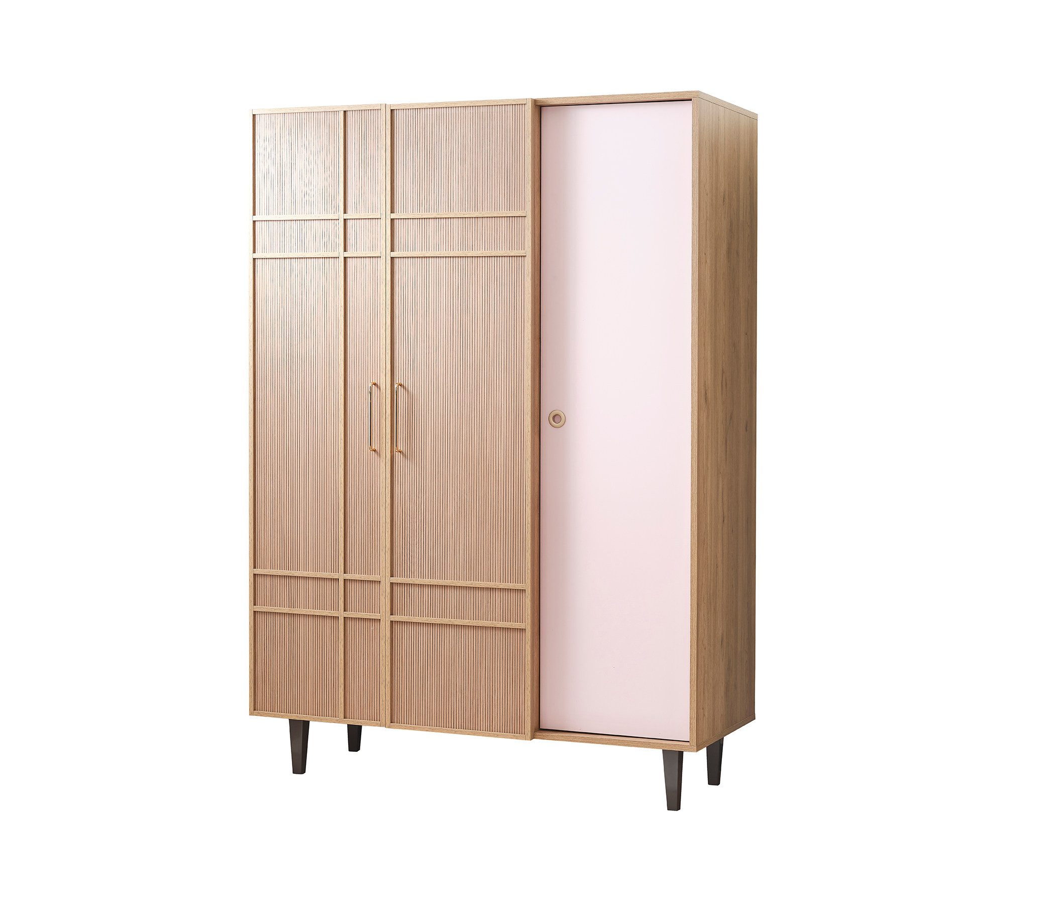 Möbel-Zeit Kleiderschrank ALICE 3-türig – Mit LED-Kleiderstange & 7 Fächern – Rosa & Holzoptik
